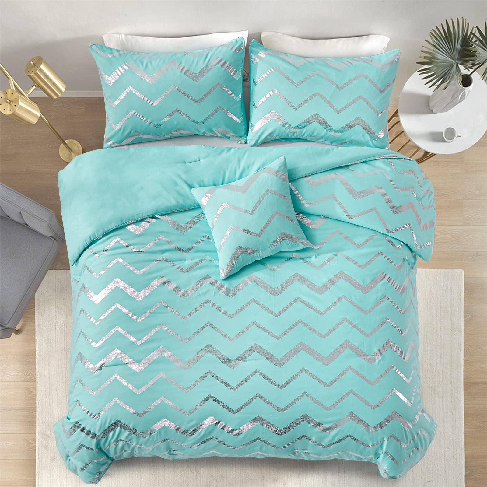 Menghomeus Aqua Comforter Set Queen Size Metallic Teal And Silver Bedding Set, 4 Piece Lightweight Microfiber Bed Set For Teen G