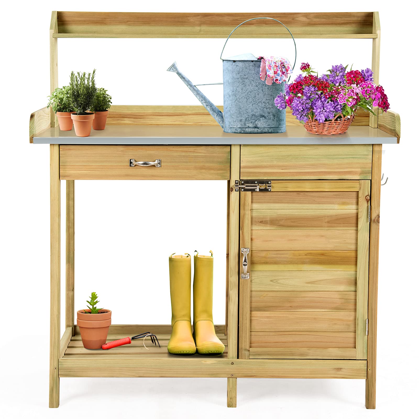S Afstar Outdoor Potting Bench Table, Wooden Garden Work Station With Drawer, Storage Cabinet, Open Shelf, Side Hooks, Metal Tab