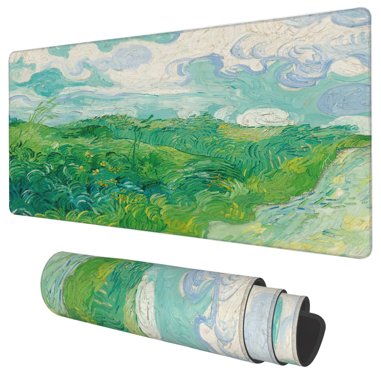 Desk Mat, Field Landscape Oil Painting Extended Gaming Mouse Pad Large, 35.4'X15.7' Big Mouse Pad With Non-Slip Base And Stitc