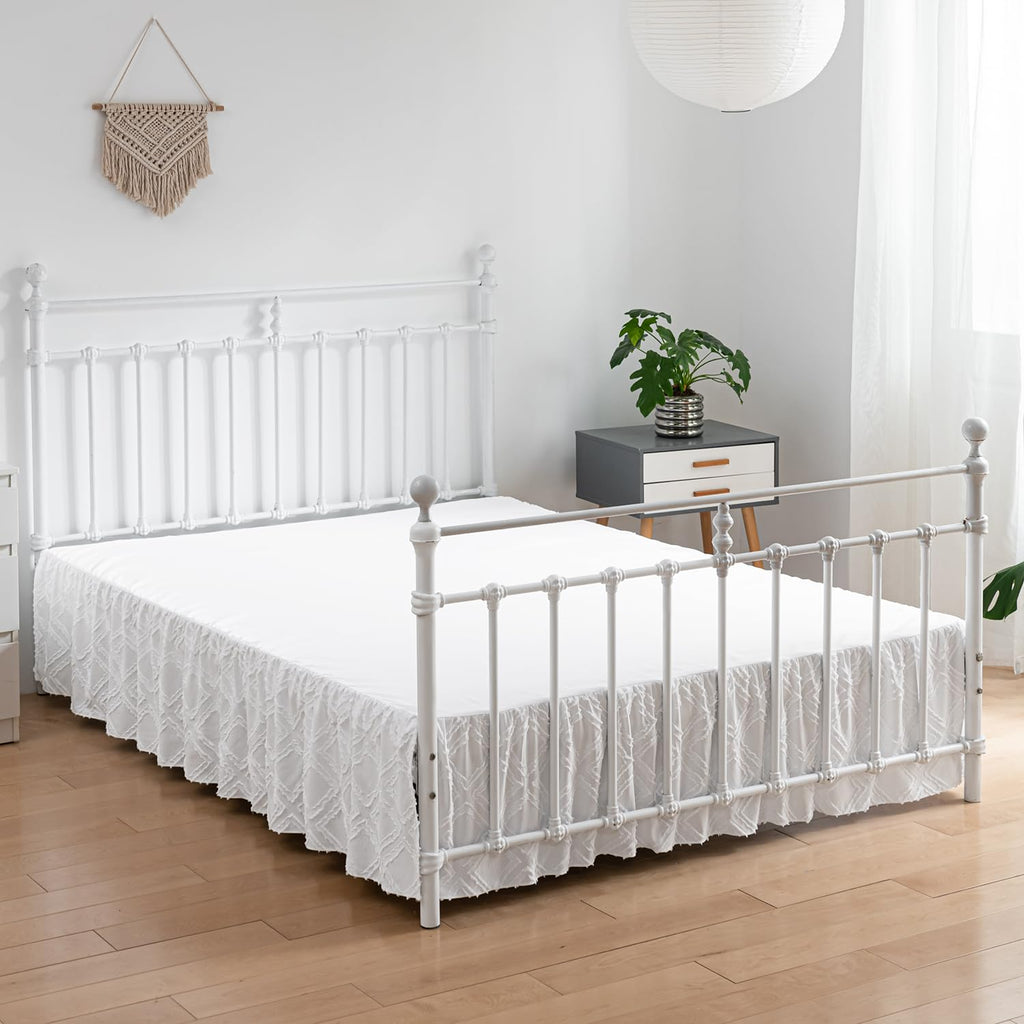 Tufted Bed Skirt King Size,Ruffled Bed Skirt With Split Corners, King Bed Skirt 12 Inch Drop, Boho King Size Bed Skirt White For