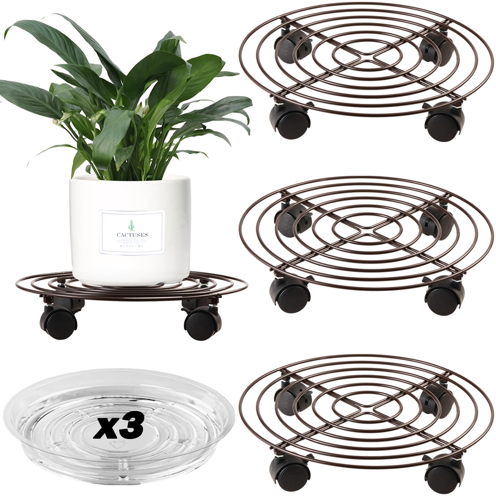 3 Packs Large Metal Plant Caddy 13.8    Rolling Plant Stands With Wheels Heavy-Duty Wrought Iron Plant Dolly With Casters For In
