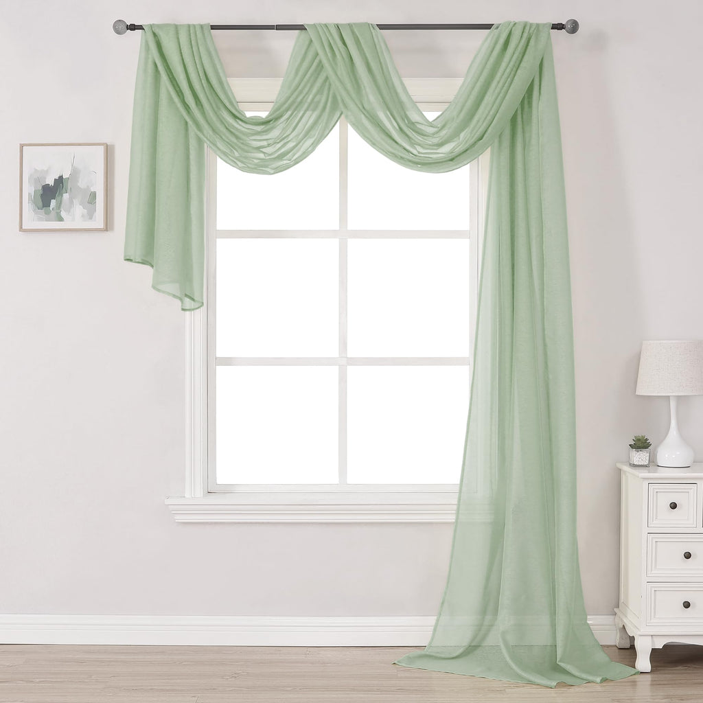 DONREN Sage Green Sheer Window Scarf Valance - Luxury Soft Semi Sheer Scarf for Window Wedding Arch Sheer Curtains Scarf (1 Pane