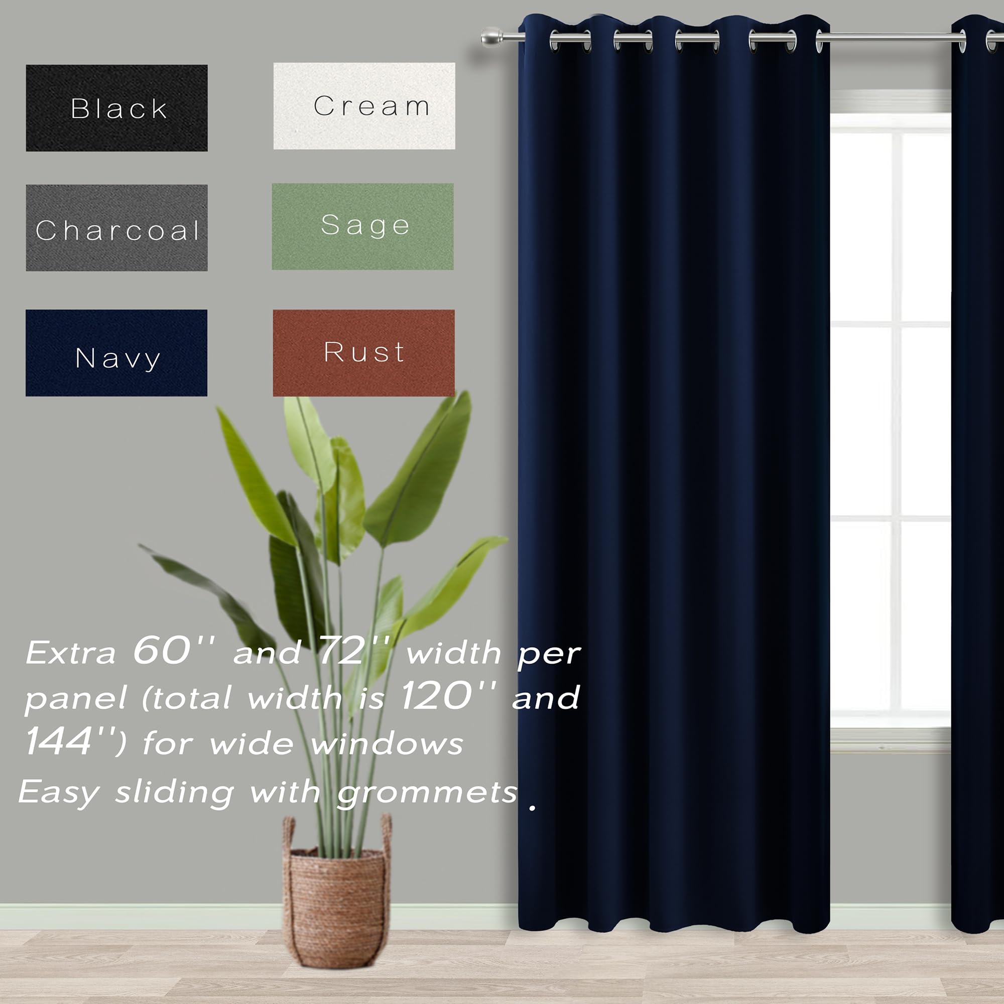 Koufall Navy Blue Extra Wide 100% Total Full Blackout Curtains For Kids Bedroom,2 Panels Set 60 Inch Wide Thermal Winter Curtains Insulated Sliding Glass Patio Door.60 Width By 84 Inches Long