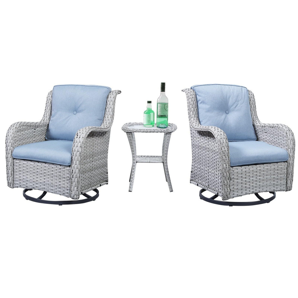 Belord Outdoor Swivel Rocker Patio Chairs Set Of 3, High Back Swivel Patio Chairs Wicker Furniture Set, 2 Pcs Rattan Swivel Rocking Chair With Side Table, Light Grey Wicker