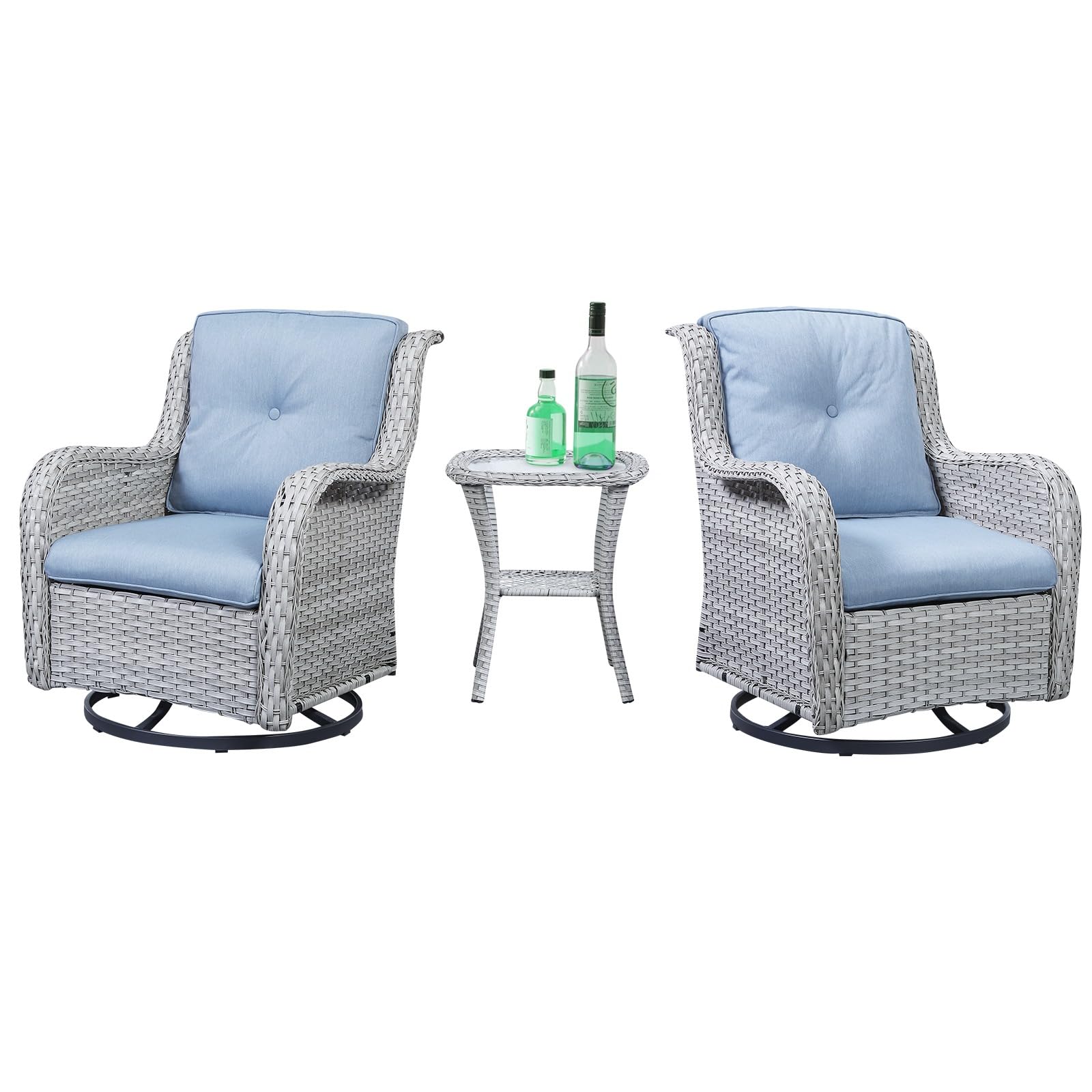 Belord Outdoor Swivel Rocker Patio Chairs Set Of 3, High Back Swivel Patio Chairs Wicker Furniture Set, 2 Pcs Rattan Swivel Rocking Chair With Side Table, Light Grey Wicker