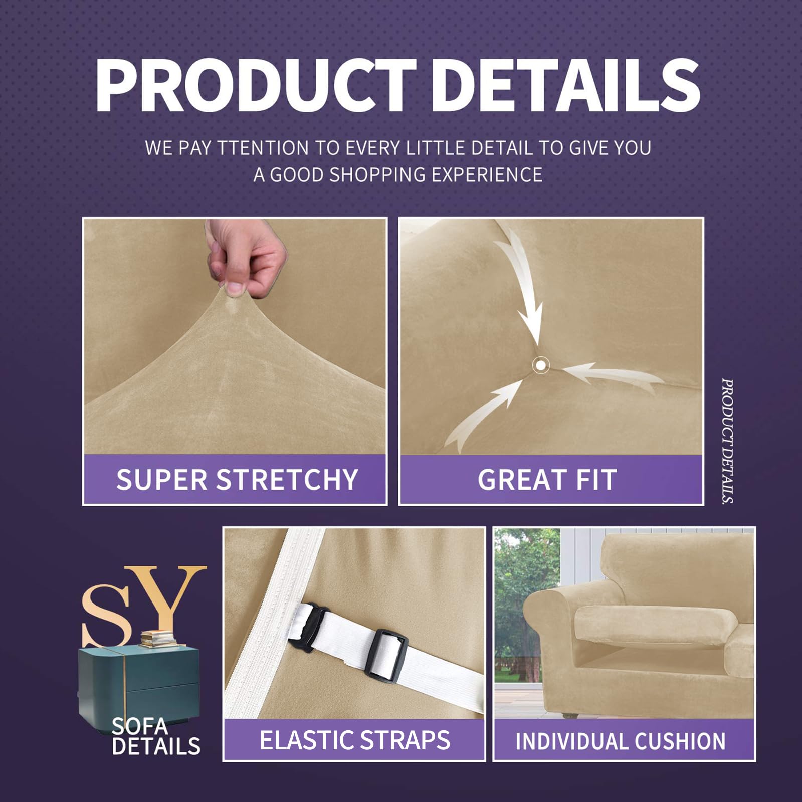 Znsayotx Luxury Velvet Couch Cover 4 Piece Stretch Sofa Covers For 3 Cushion Couch Thick Soft Spandex Sofa Slipcover Living Room Anti Slip Dogs Pet Furniture Protector (Camel), 71'-91'(3 Cushions)