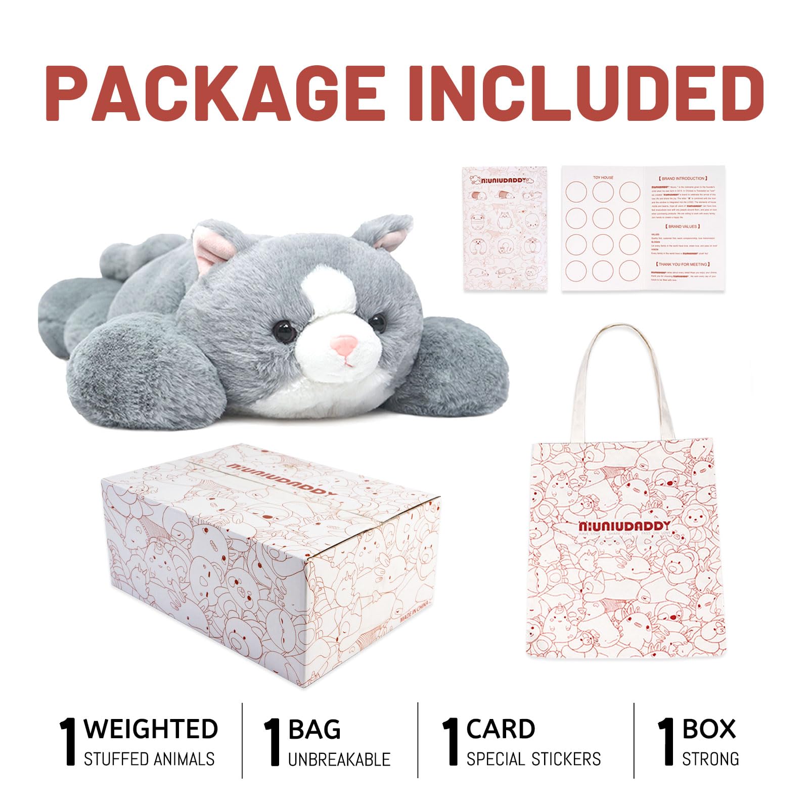 Niuniu Daddy Weighted Stuffed Animals For Anxiety, 3.3Lbs Weighted Cat Plushies Toy For Adults Kids, 20 Large Grey Stuffed Cat P