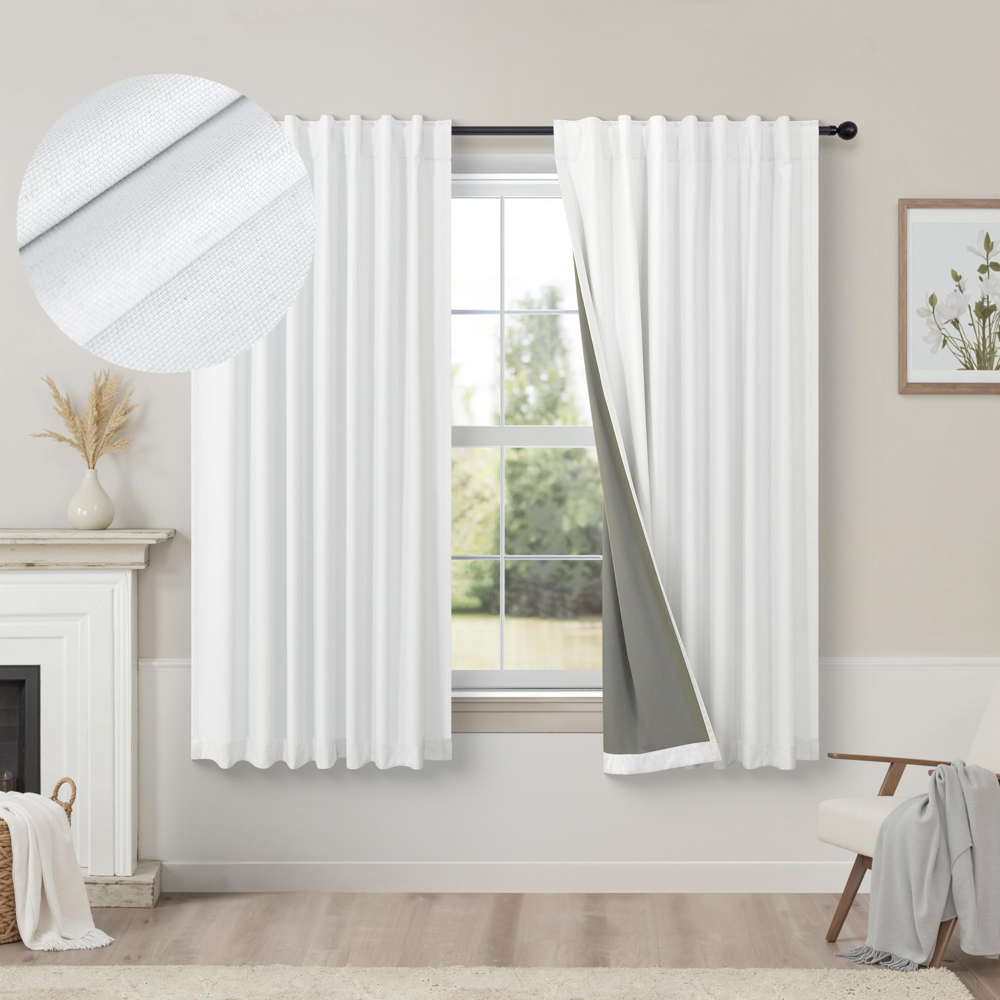 Short Blackout Curtains 54 Inch Length 2 Panels for Bedroom White Linen Textured Black Out Country Farmhouse Curtains for Small 