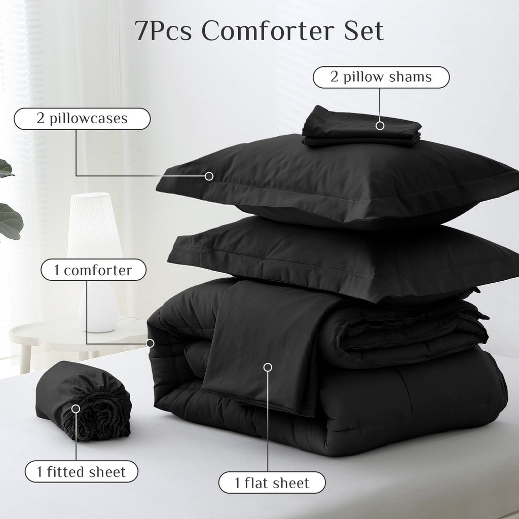 JOLLYVOGUE Queen Comforter Set, 7-Piece Bed in a Bag, Goose Down Alternative, Oeko-TEX Certified, Black