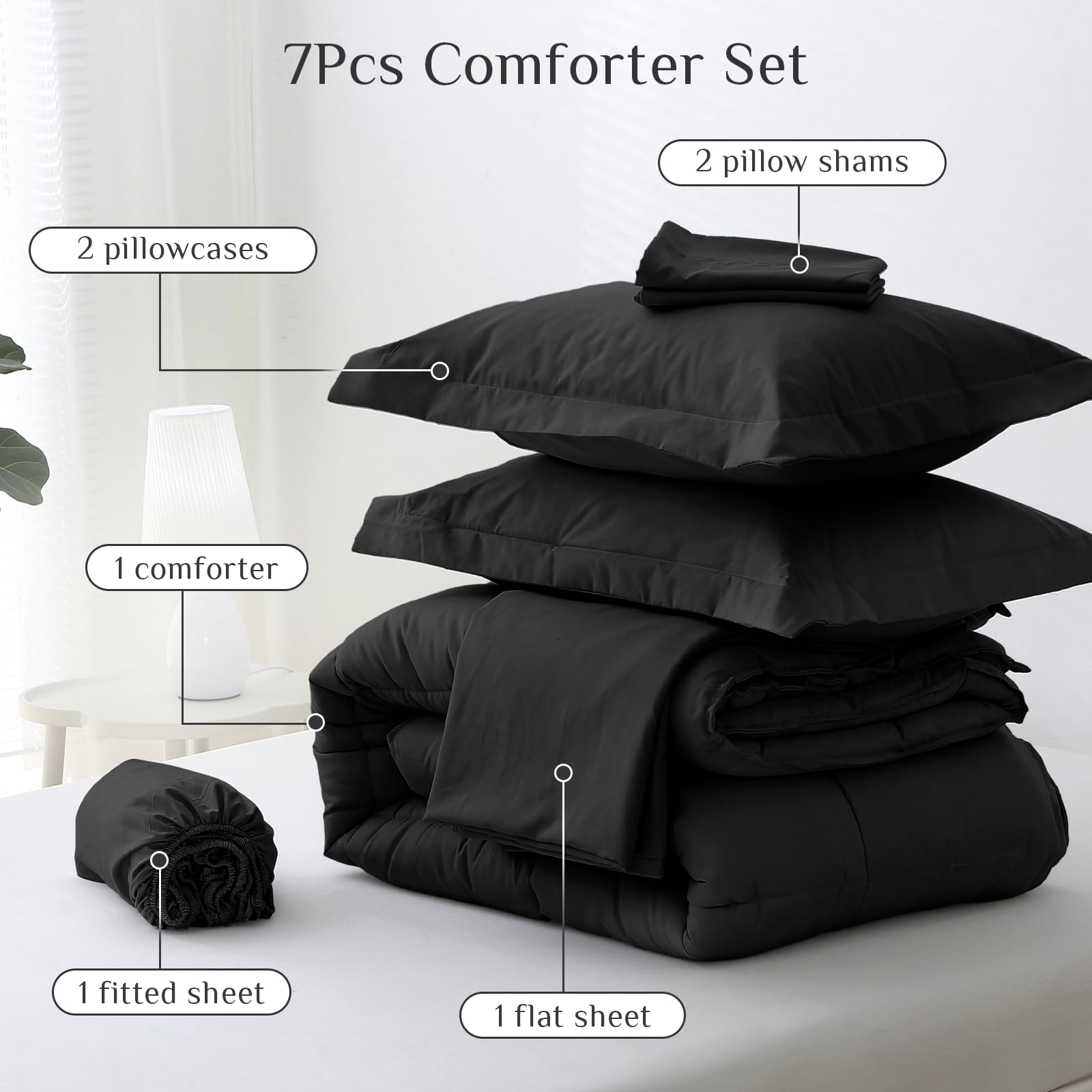 JOLLYVOGUE Queen Comforter Set, 7-Piece Bed in a Bag, Goose Down Alternative, Oeko-TEX Certified, Black