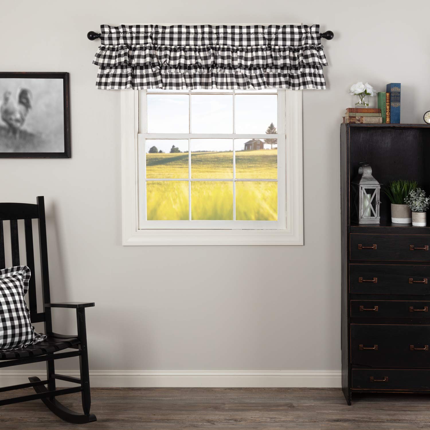 VHC Brands Annie Buffalo Check Cotton Farmhouse Kitchen Curtains Rod Pocket Hanging Loops Ruffling 16x60 Valance, Black Country