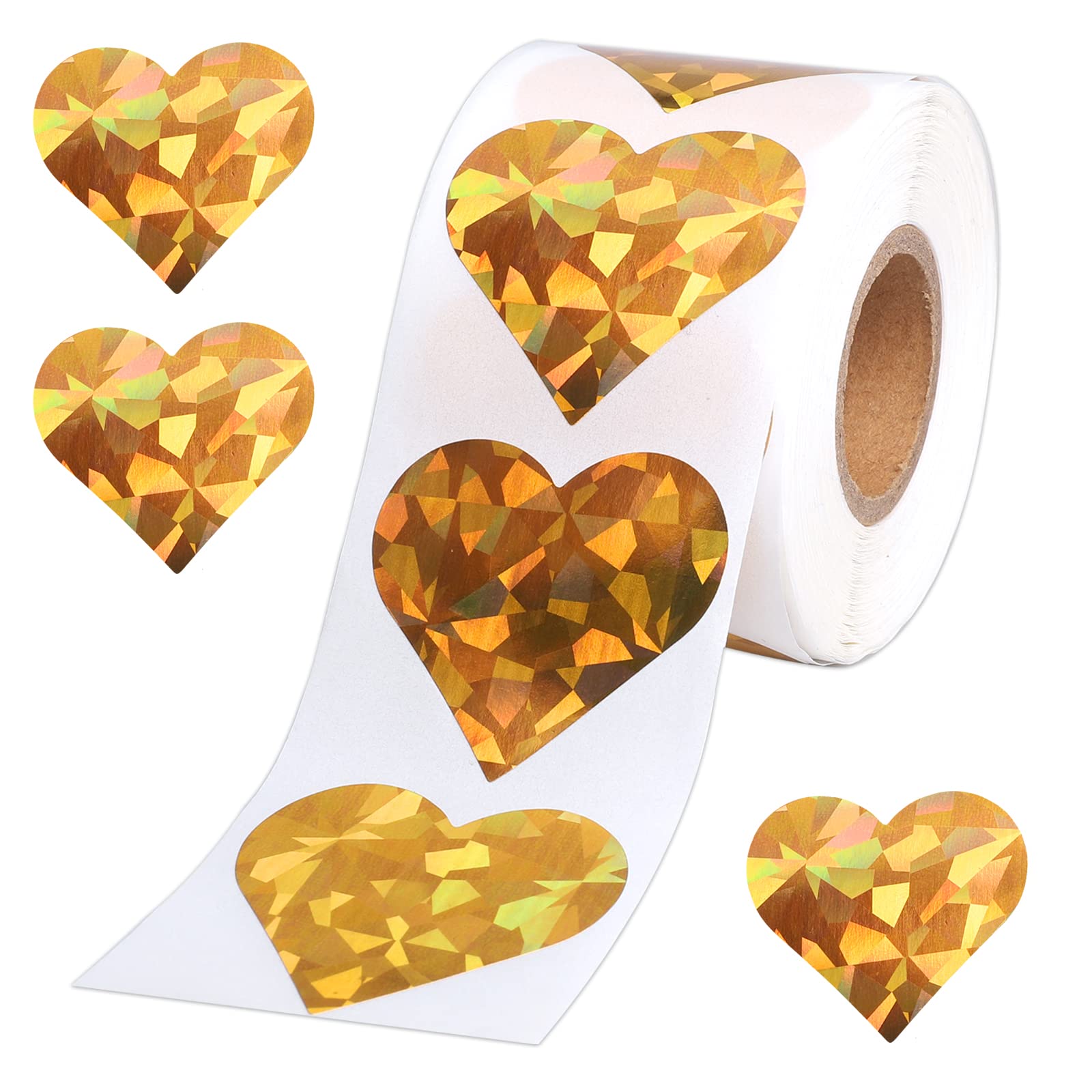 1.5' Glitter Gold Heart Stickers, Large Heart Foil Labels Valentines Decor 500 Pcs Per Roll, Valentine'S Day Love Decorations F