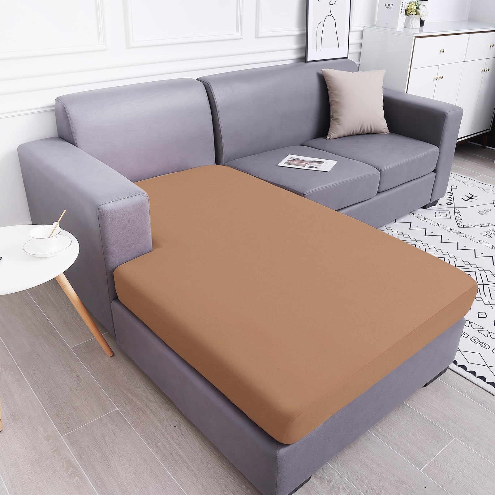 Smiry Waterproof Couch Cushion Covers, Stretch Sectional Couch Covers, L Shape Sofa Cushion Covers, Washable Chaise Lounge Cover Elastic Furniture Protector For Pets, Kid (Chaise Cover, Camel)