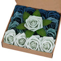 BLEUM CADE 16Pcs Artificial Flowers Fake Roses with Stems, Gradient Blue Boxed Foam Roses for DIY Bouquets Centerpieces Wedding 