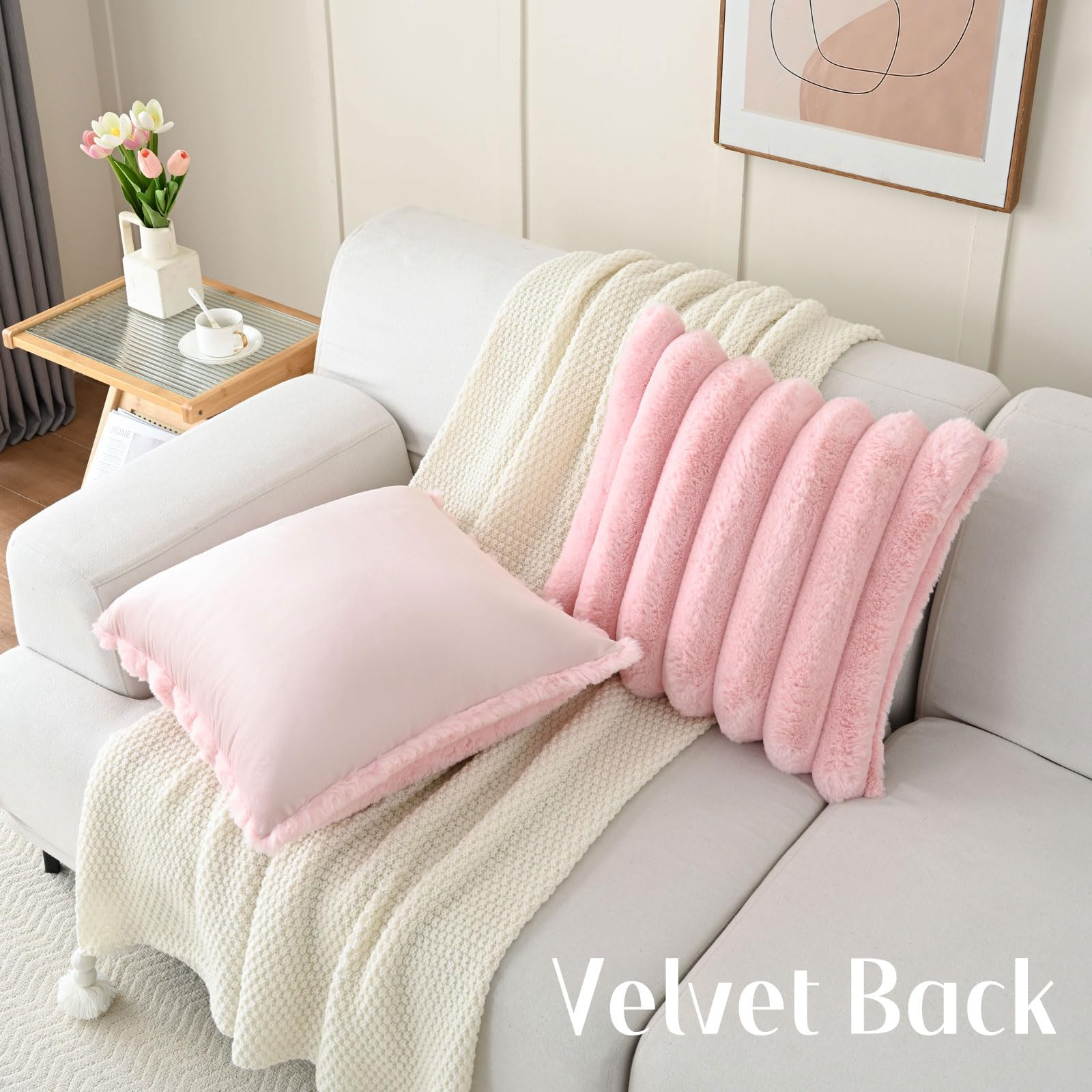 Futei Pink Decorative Throw Pillow Covers 18X18 Inch Set Of 2, Square Soft Faux Rabbit Fur Big Striped Cushion Cover,Home Decor