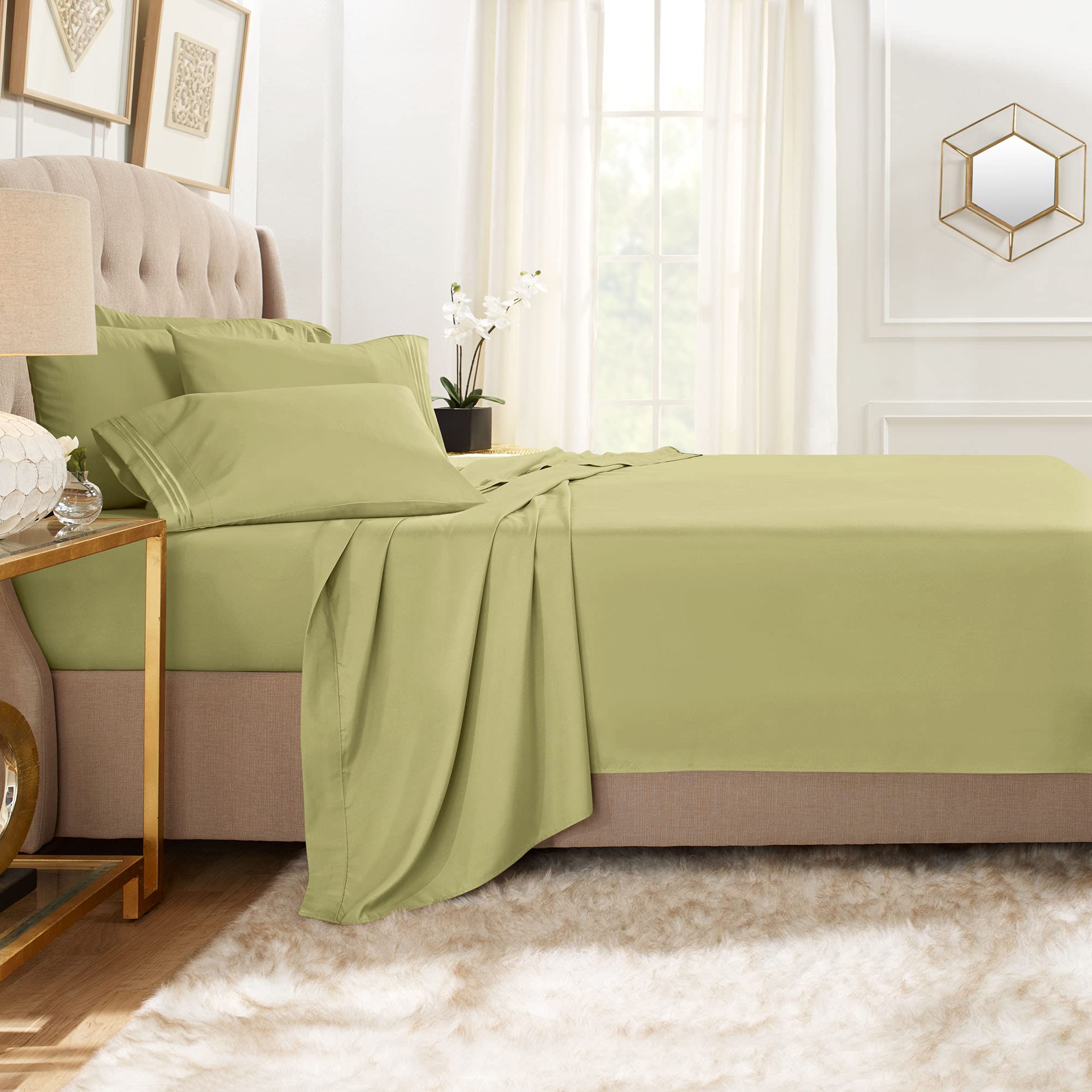 Clara Clark King Sheets, 6 Piece Set - Hotel Luxury Sheets For King Size Bed, Super Soft Bedding Sheets & Pillowcases, King Size Sheets, Sage Green