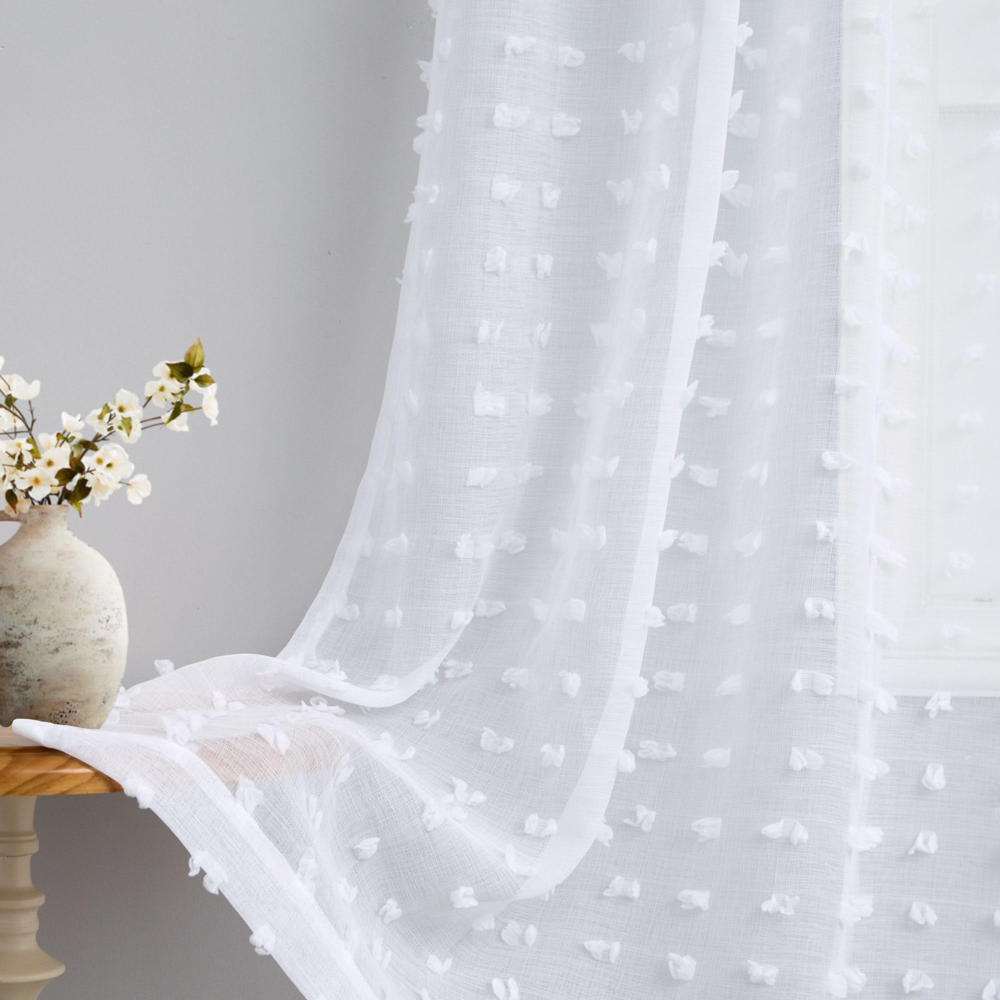 Dancurton White Semi Sheer Curtains 63 Inch Length 2 Panels For Bedroom Back Tab White Pom Pom Tufted Curtains Farmhouse Boho Sh
