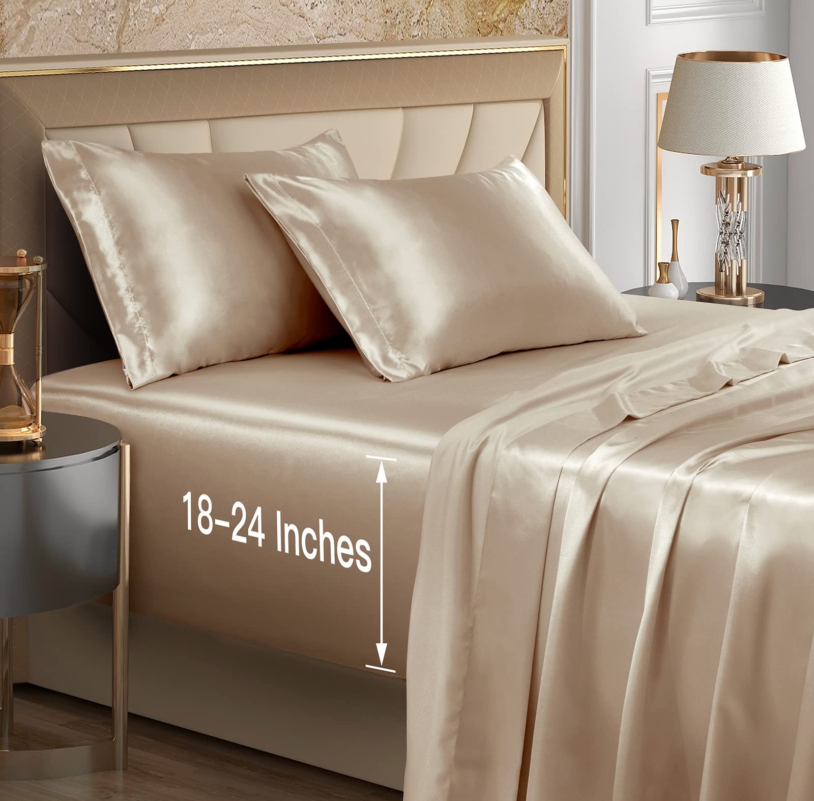 Vacvelt 4Pcs Extra Deep Pocket Satin Sheets King Size Bed Set, Beige Satin Sheet Set Fit 18-24 Inch Deep Pocket Mattress, Silky