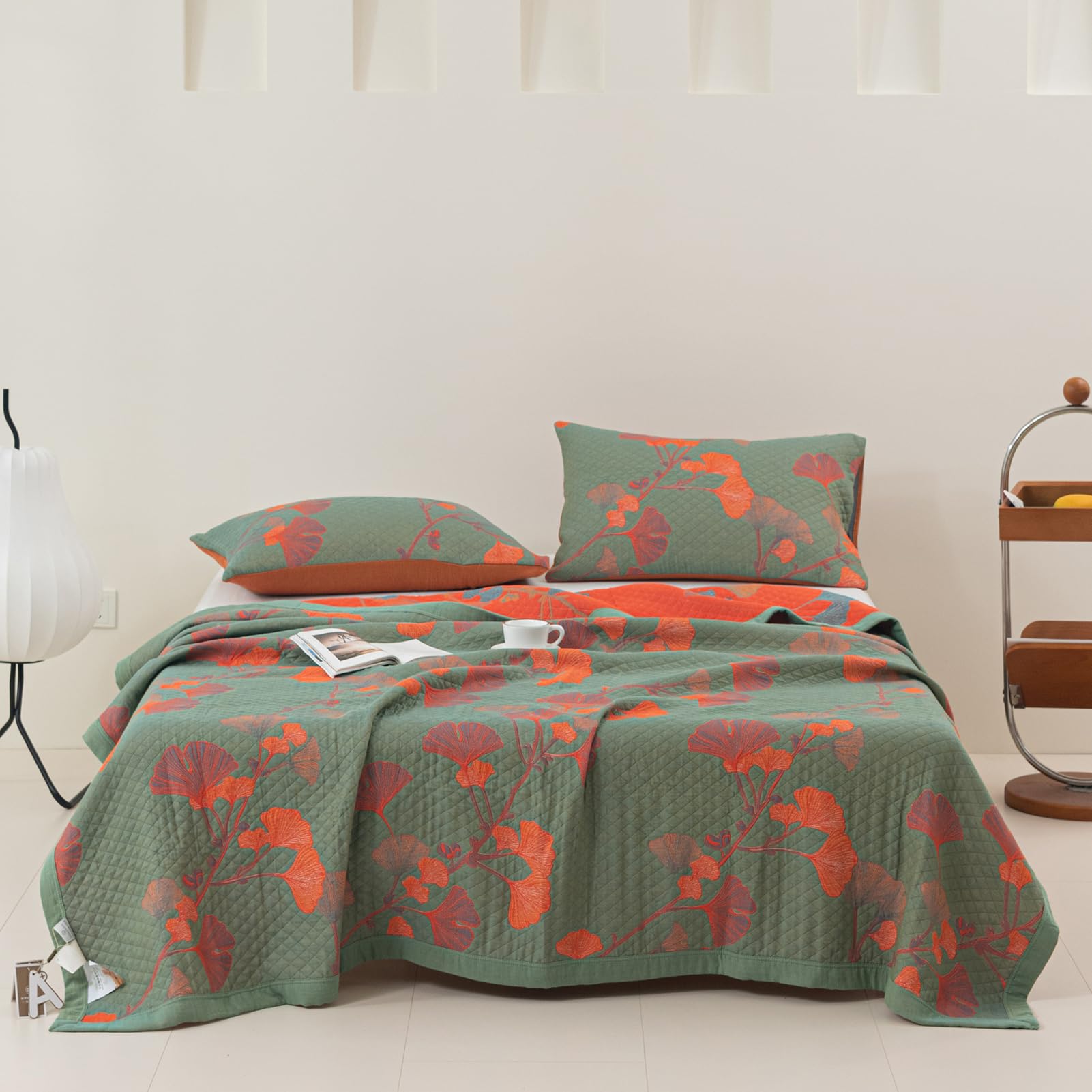 Purefair 100% Cotton Muslin Blanket Jacquard Green Orange Floral Ginkgo Leaves Quilt, Soft Bed Cover Lightweight Breathable Gauz