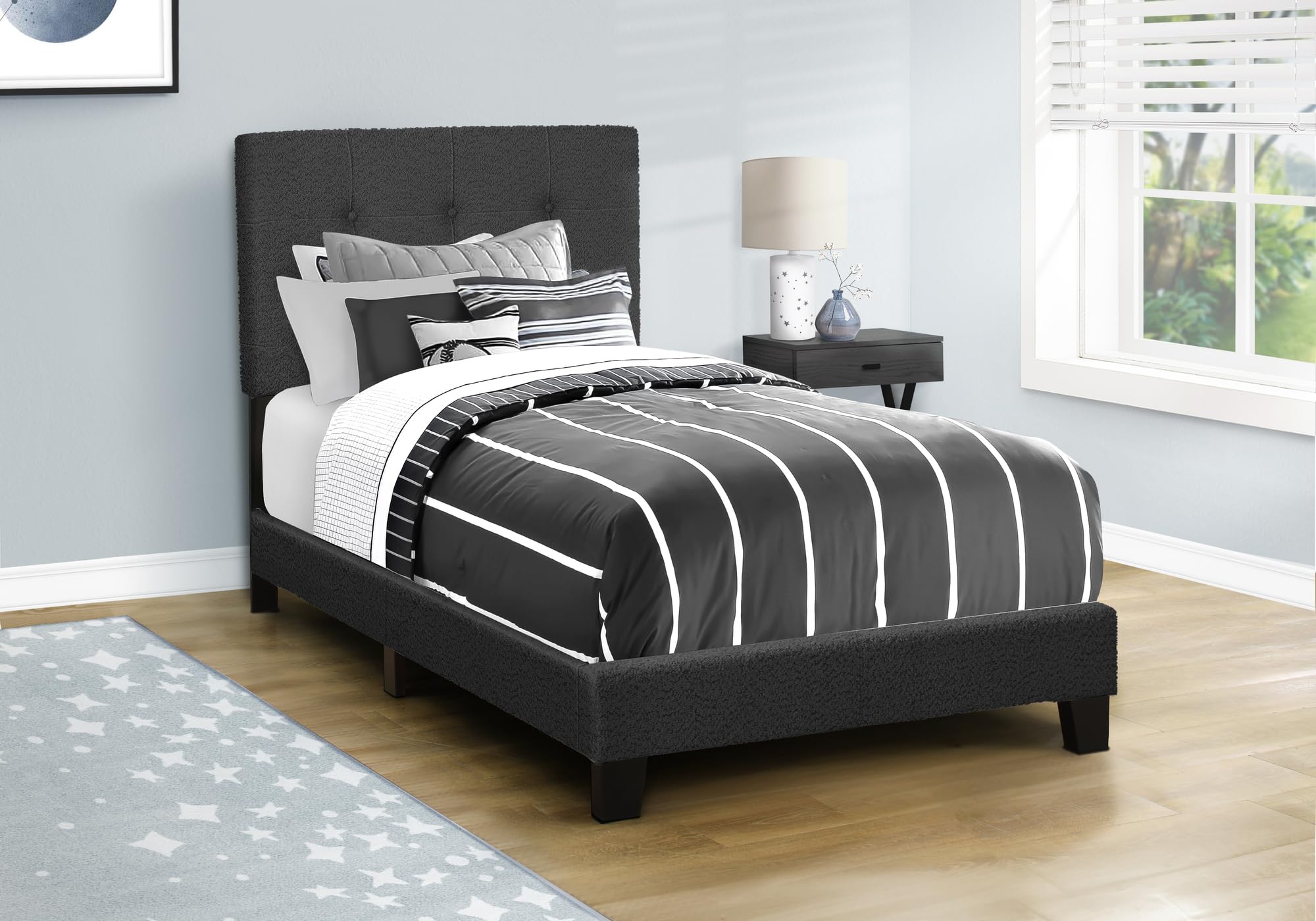 Monarch Specialties I 5805T Bed, Twin Size, Upholstered, Bedroom, Frame Only, Youth, Teen, Juvenile, Black Boucle, Transitional