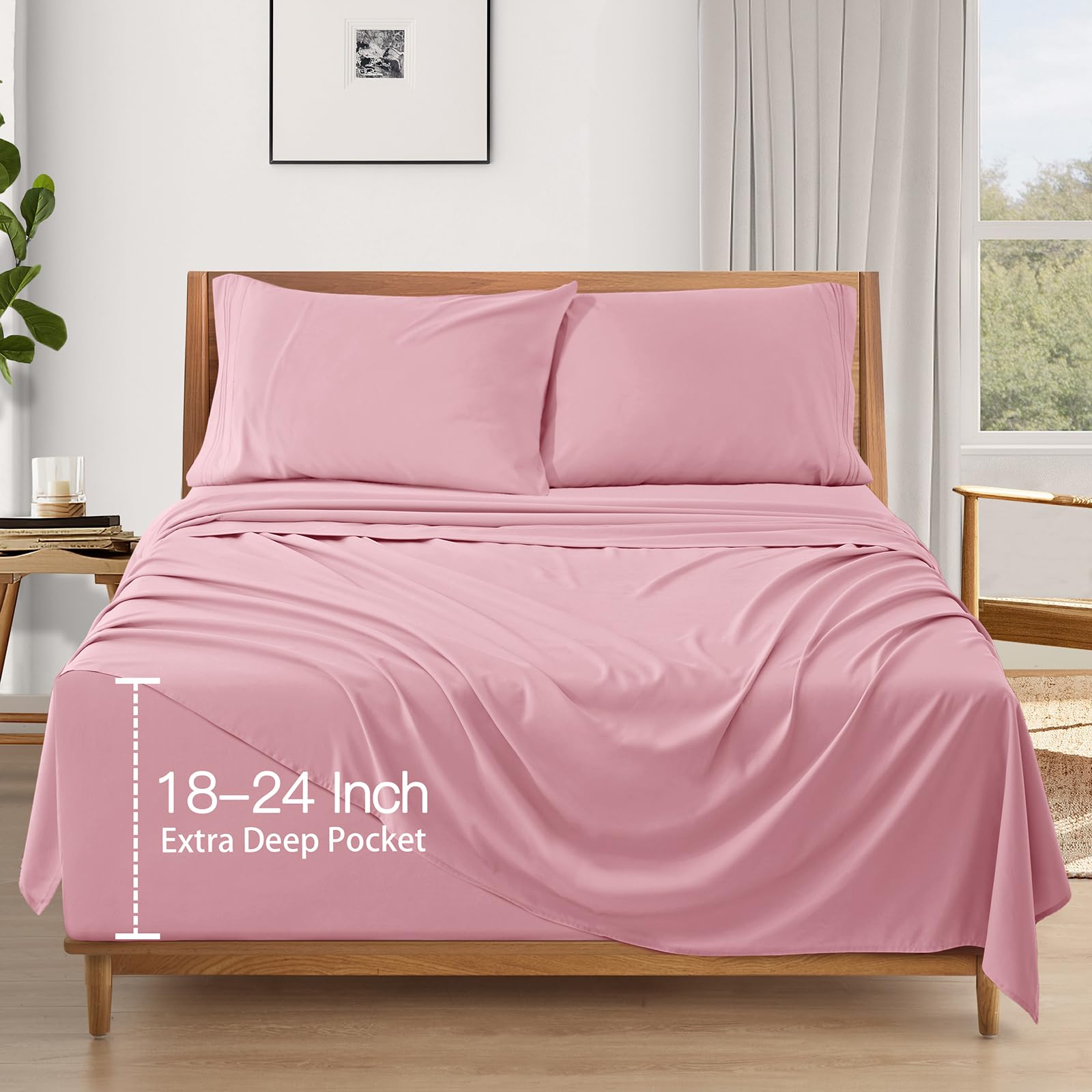 Siinvdabzx Extra Deep Pocket Queen Sheets Set - Fits Mattress Up To 24 Inches Thick - 4 Piece Pink Deep Pocket Sheets For Air Ma