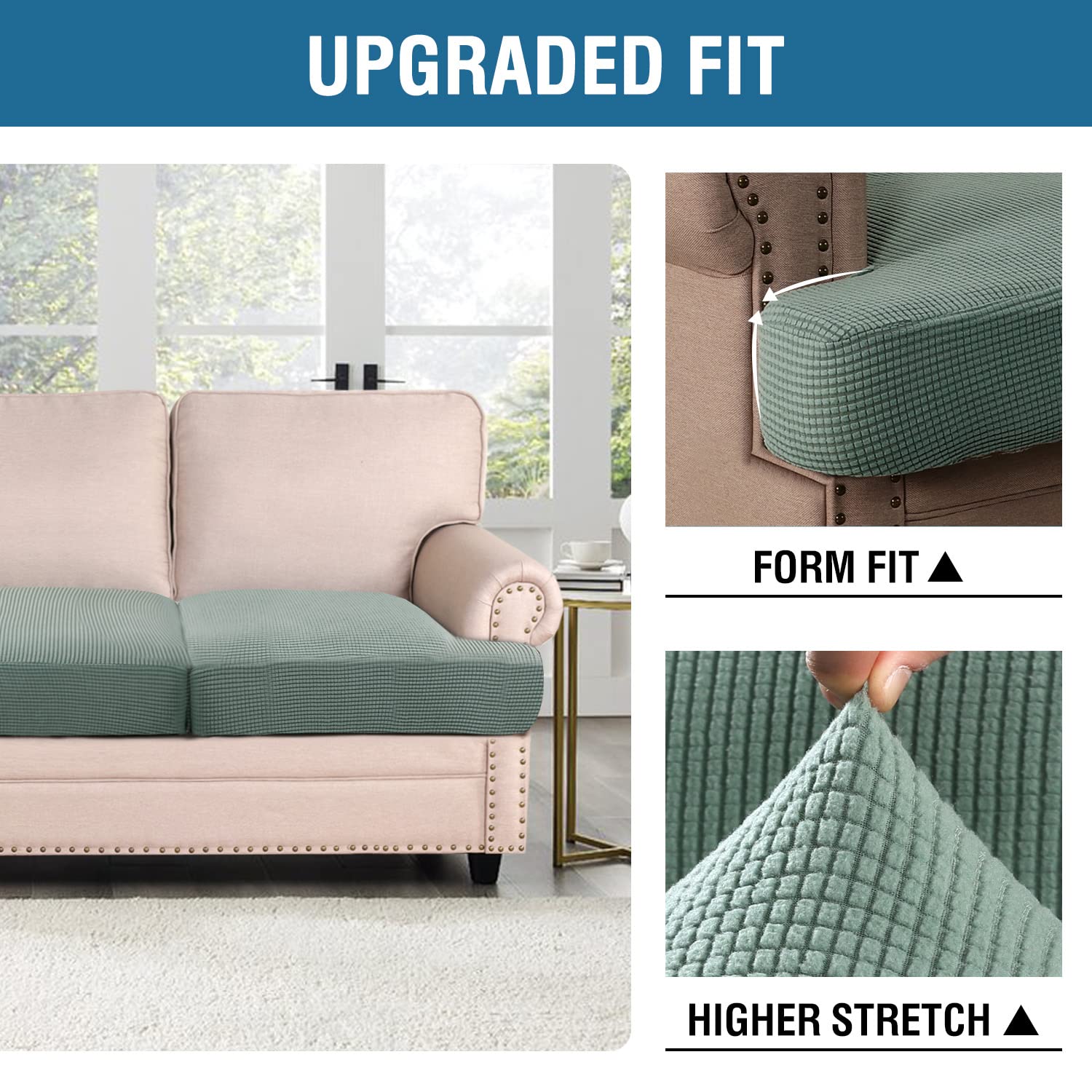 H.Versailtex Stretch 3 Piece T Cushion Sofa Slipcovers Individually Sofa Cushion Covers For 3 Cushion Couch Sofa Seat Cushion Covers With Elastic Bands Featuring Thicker Jacquard Fabric, Sage
