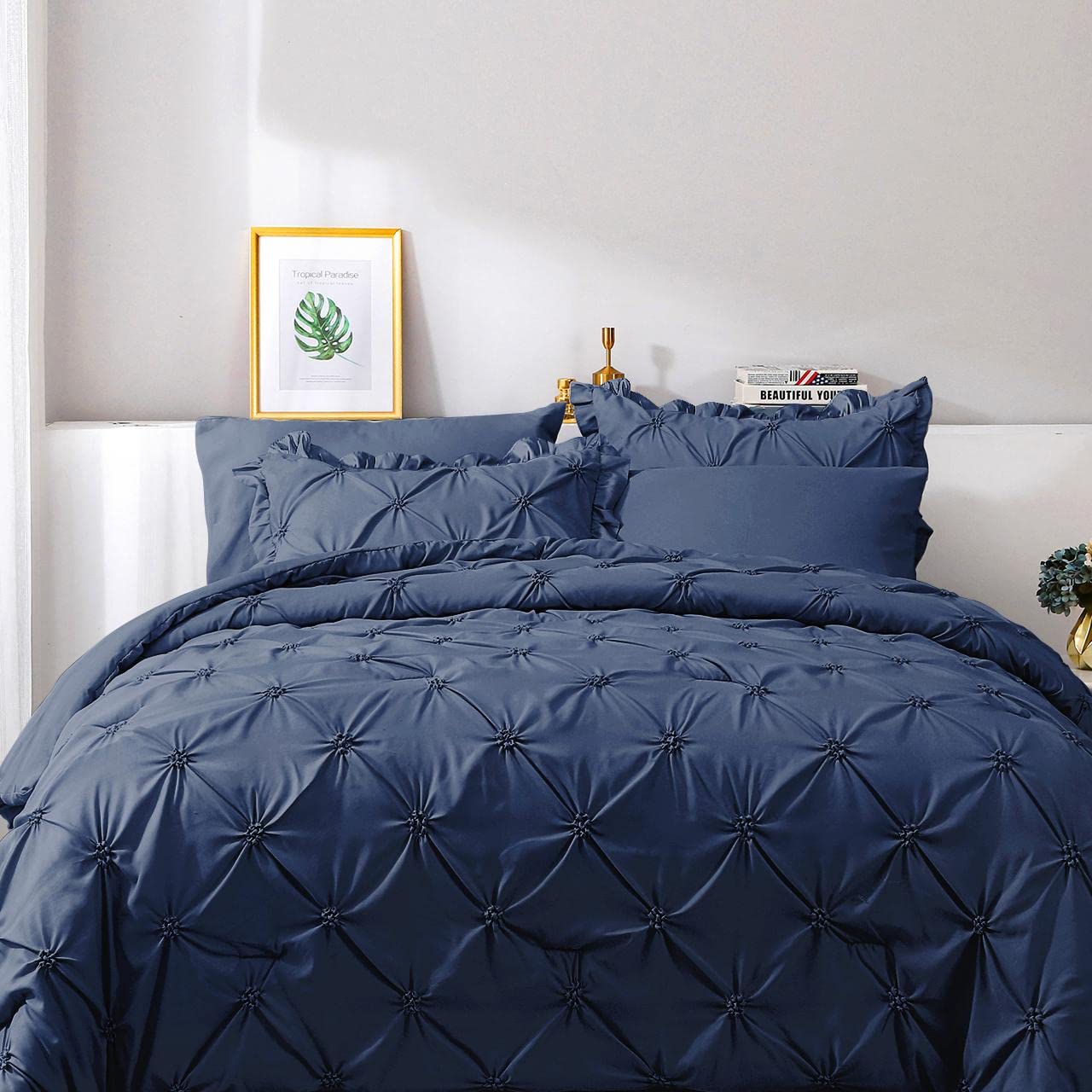 Jollyvogue Navy Blue Twin Size Comforter Sets 5 Pieces, Pintuck Bed In A Bag Comforter Set For Bedroom, Bedding Comforter Sets W