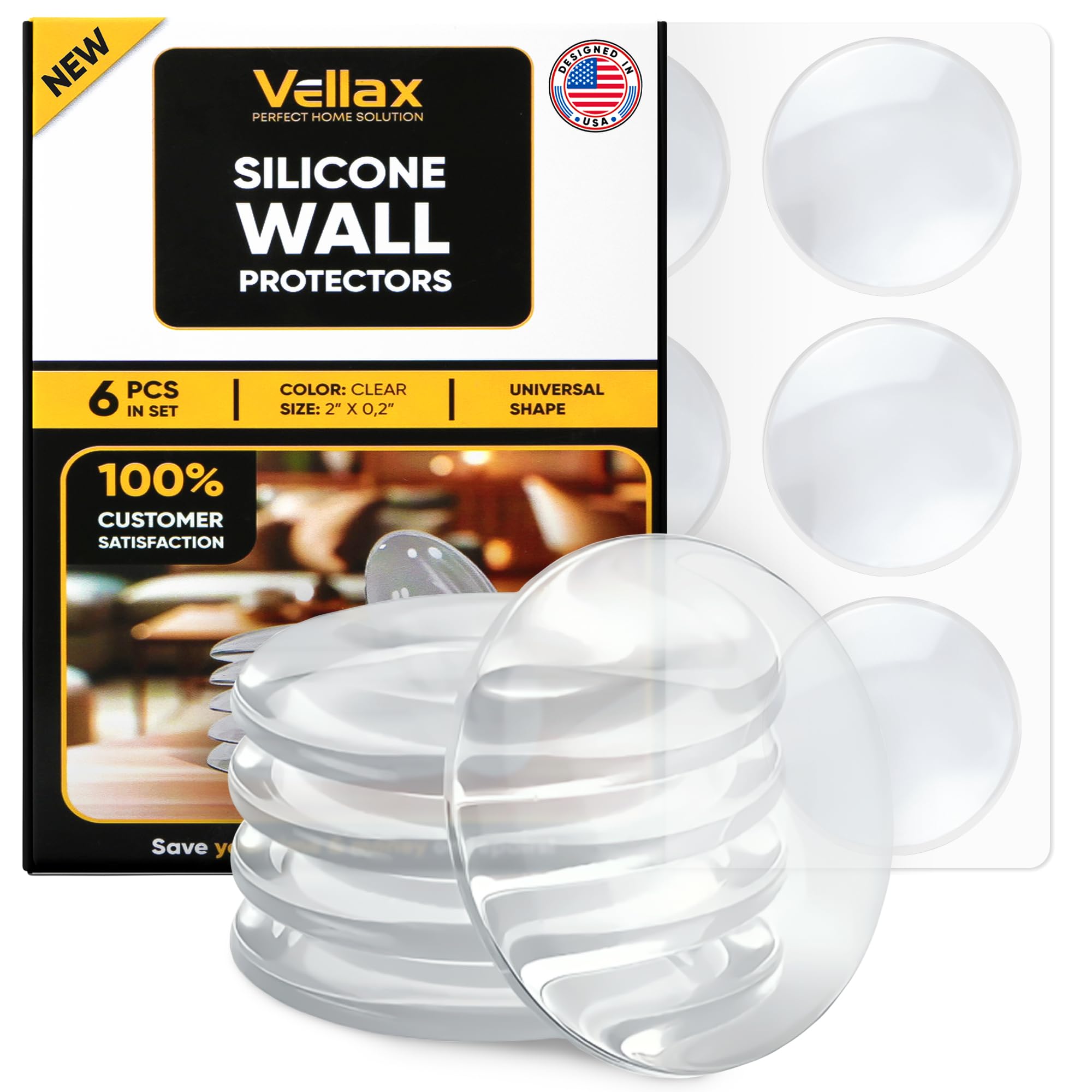 Clear Wall Door Handle Stopper 2' Set. 6 Pcs, With Self Strong Adhesive For Stopping Wall Damage & Noise From Doors, Guard Door