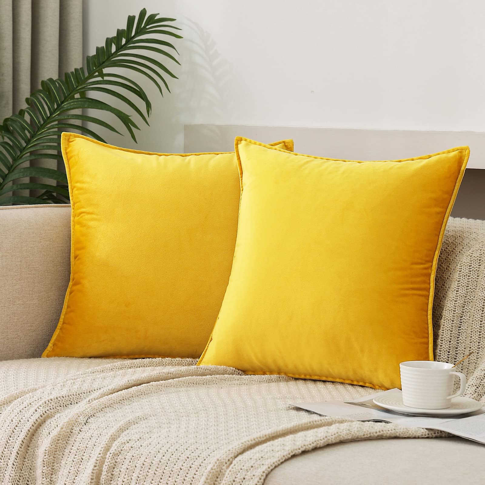 Jiahannha Velvet Bright Yellow Throw Pillow Covers Pack Of 2 Spring Decorative Soft For Couch Sofa Bed Livingroom Office 16  16