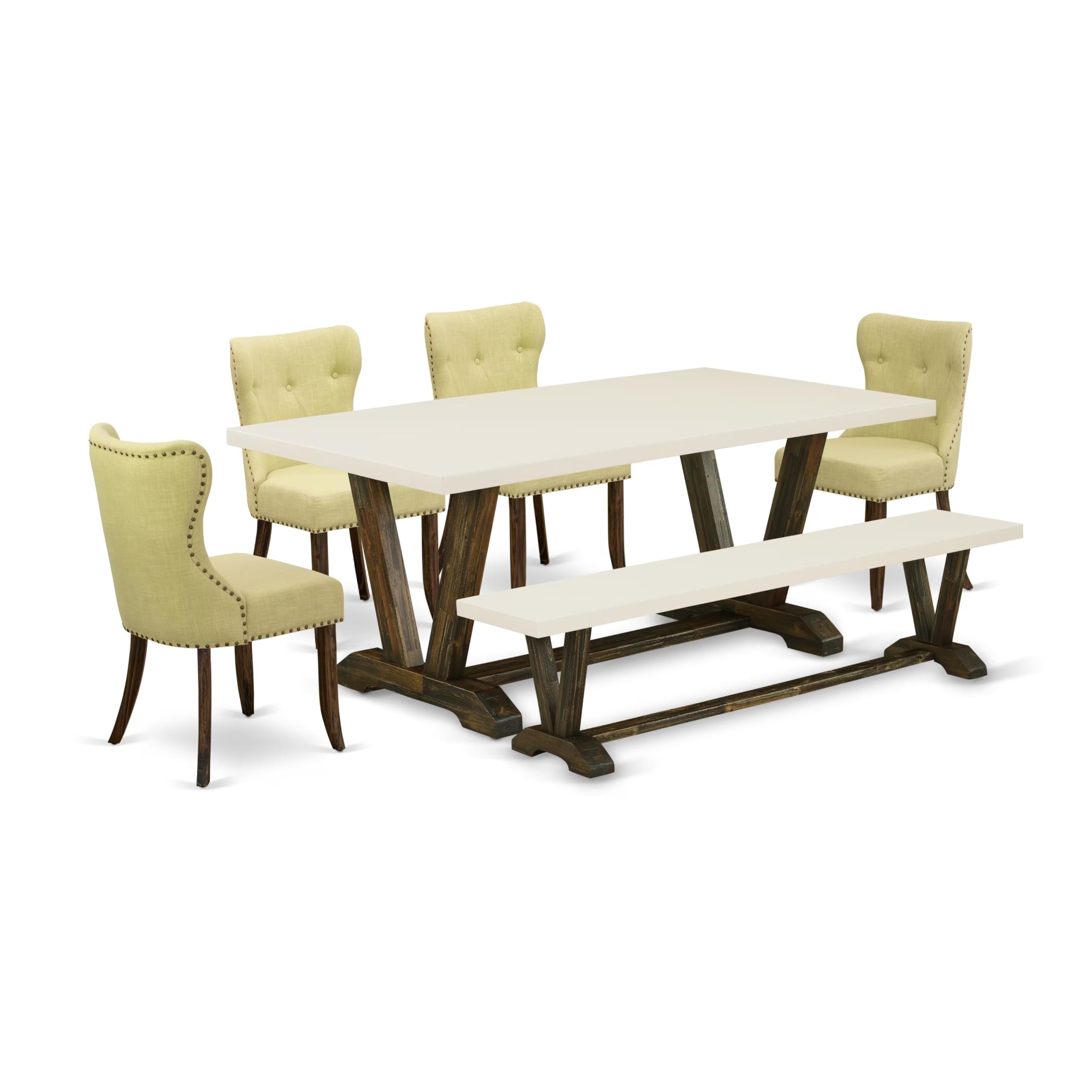 East West Furniture X727Si737-6 6 Piece Dining Table Set Contains A Rectangle Dining Room Table With X-Legs And 4 Limelight Linen Fabric Parson Chairs With A Bench, 40X72 Inch, Multi-Color