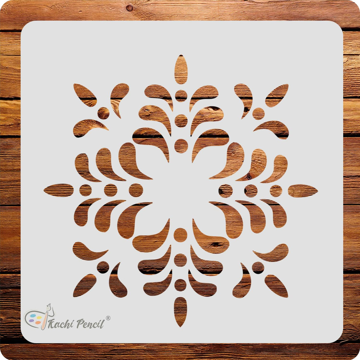 Kachi Pencil Floral Pattern Mandala Stencils for Art and Craft Painting, Size 6 x 6 inch Reusable Stencil for Painting, Fabric,