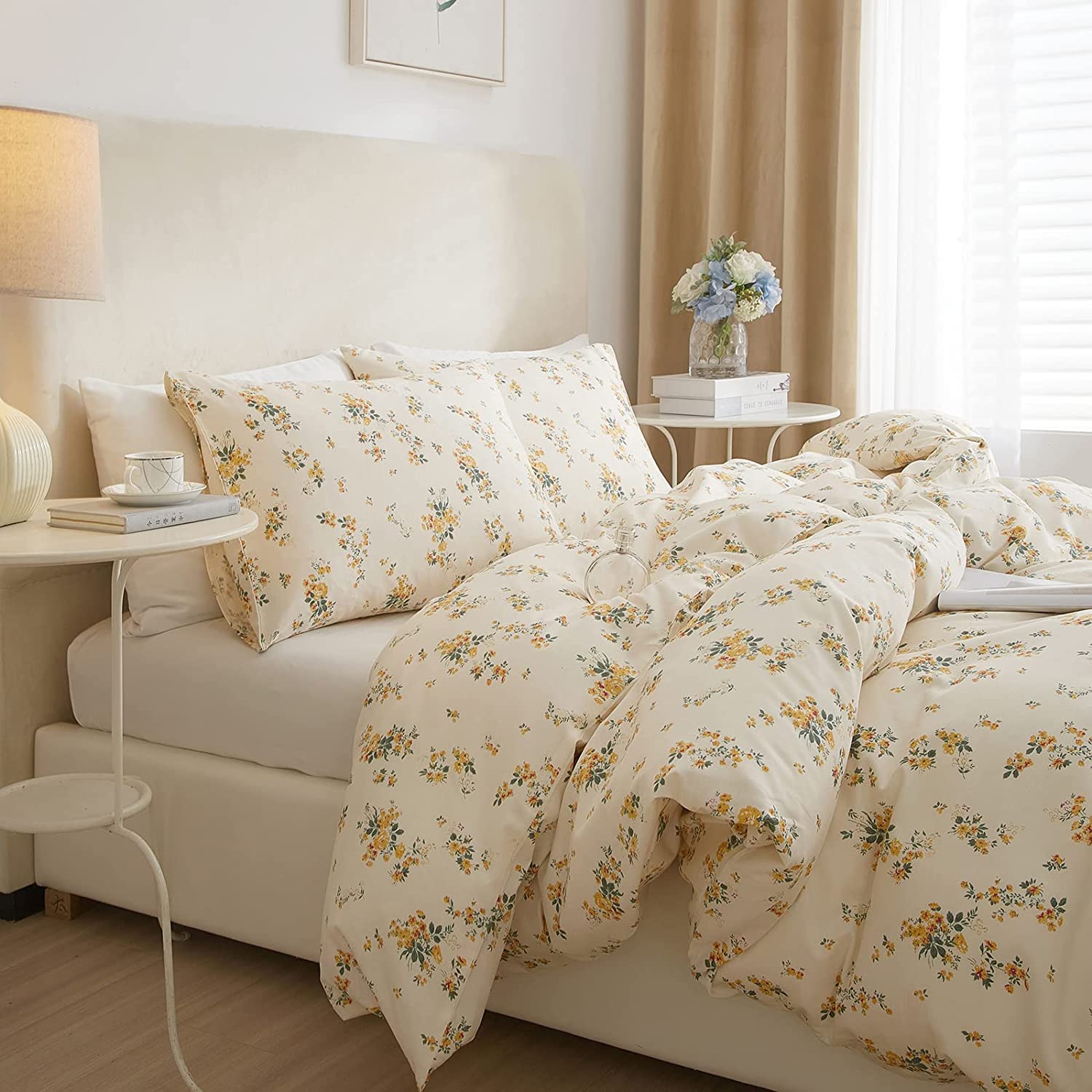 Lifetb Bed Linen Set, Queen Botanical Floral Duvet Cover Set With 2 Pillowcases, 100% Cotton, Zipper Closure, 90X90In