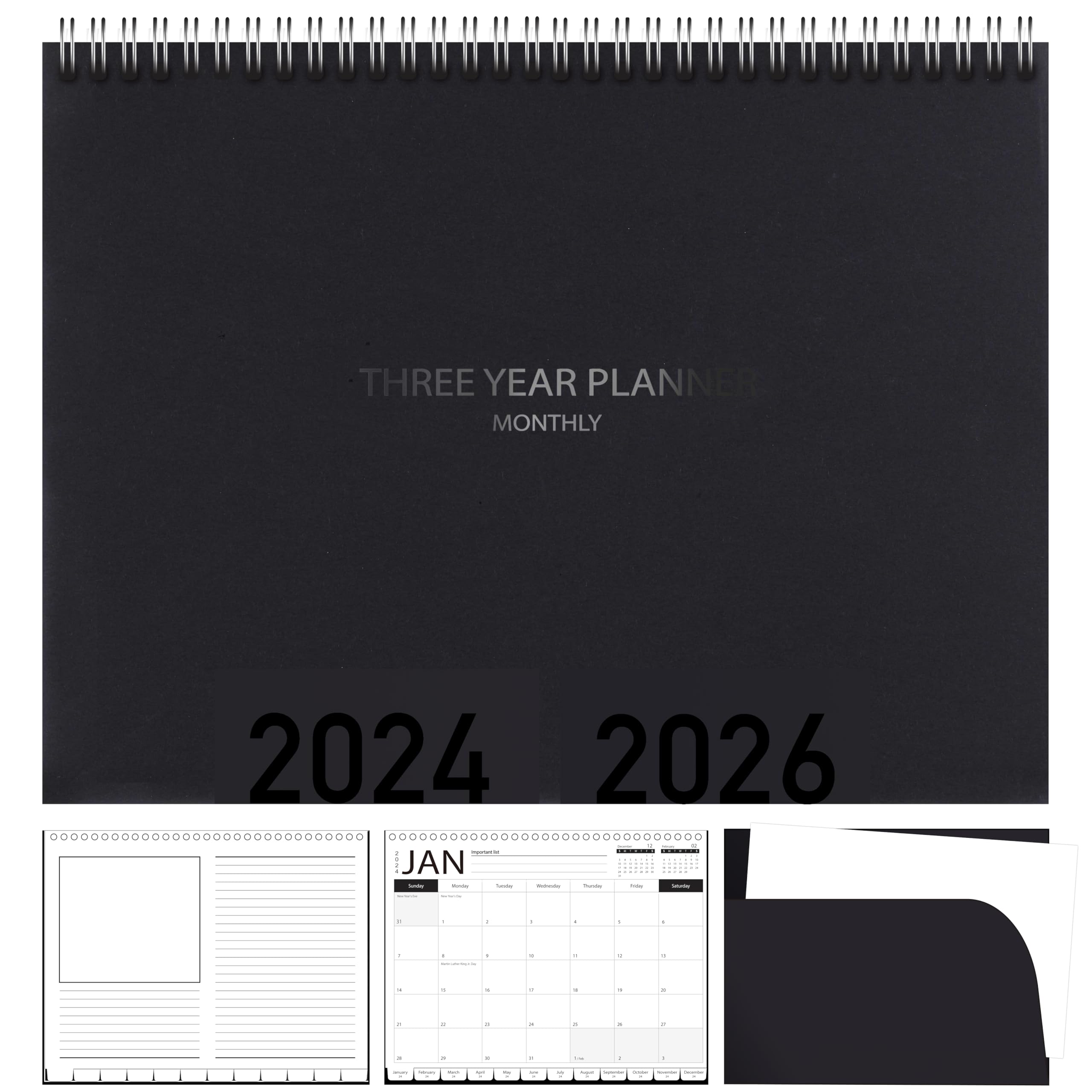 3-Year Calendar Planner, 2024-2026 Monthly Schedule Organizer Flip Calendar Diary With Tabs, Spiral Bound Top, Black, 8.5 X 11 I