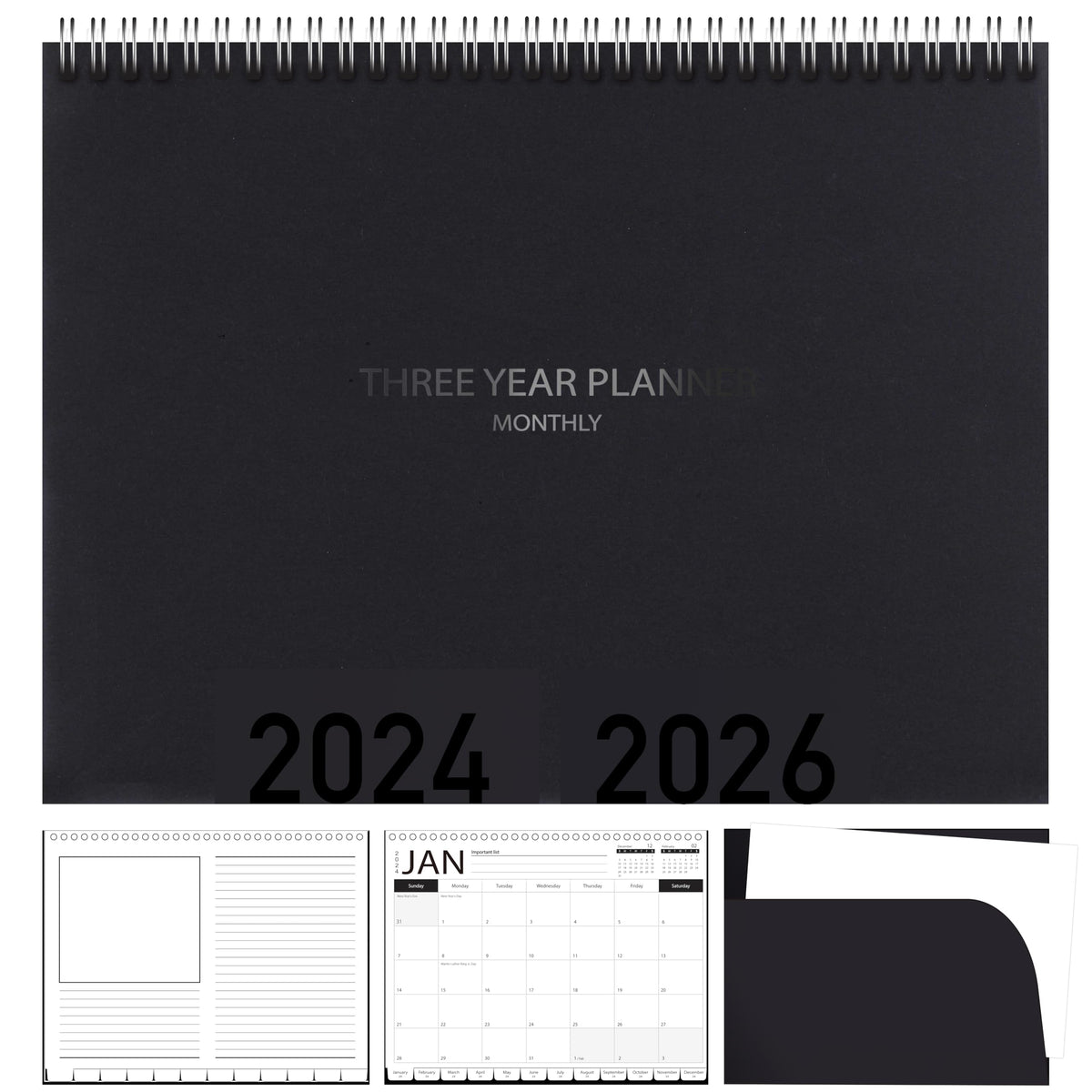 3-Year Calendar Planner, 2024-2026 Monthly Schedule Organizer Flip Calendar Diary With Tabs, Spiral Bound Top, Black, 8.5 X 11 I