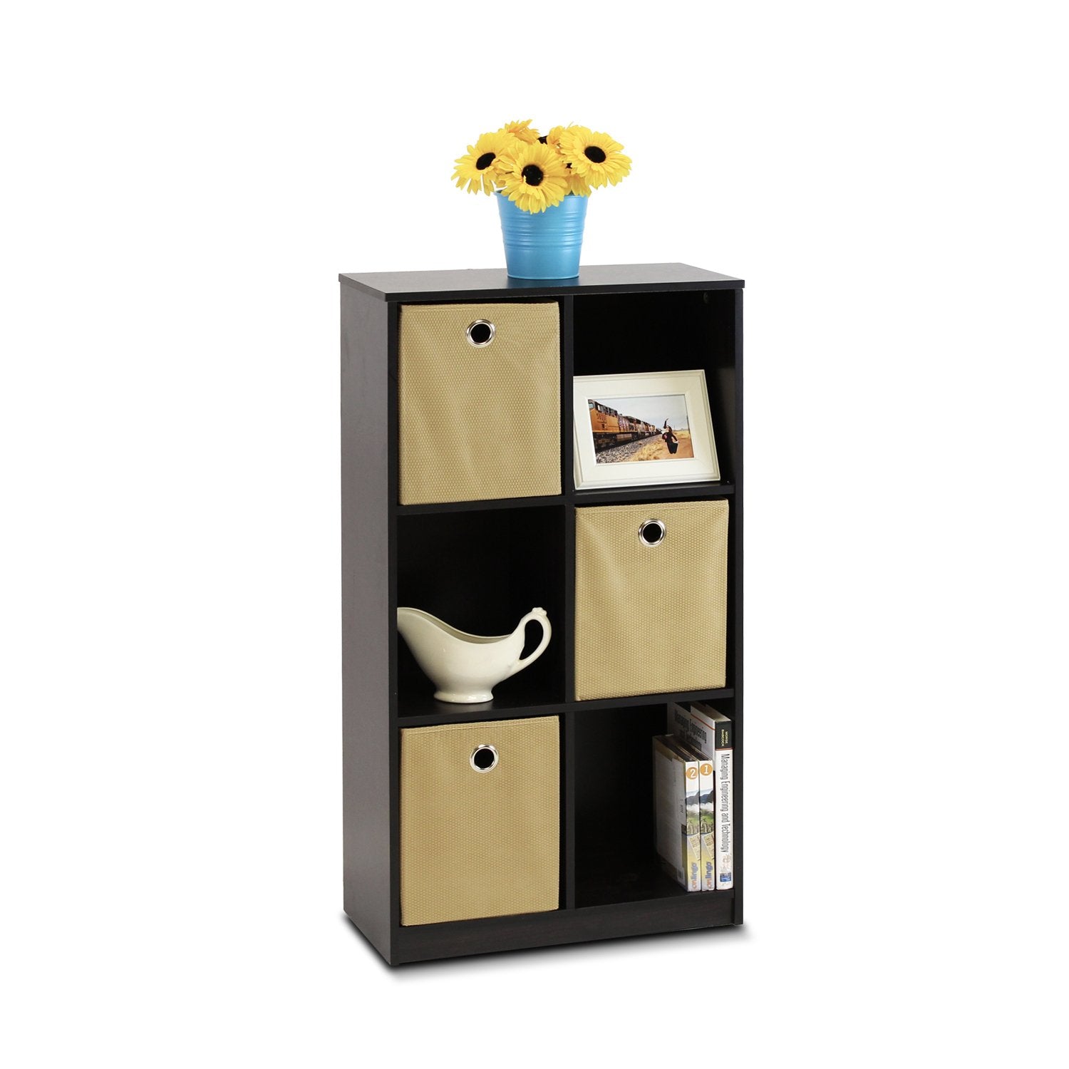 Furinno Petite Storage Organizer Bookcase With Bins, Espresso/Light Brown