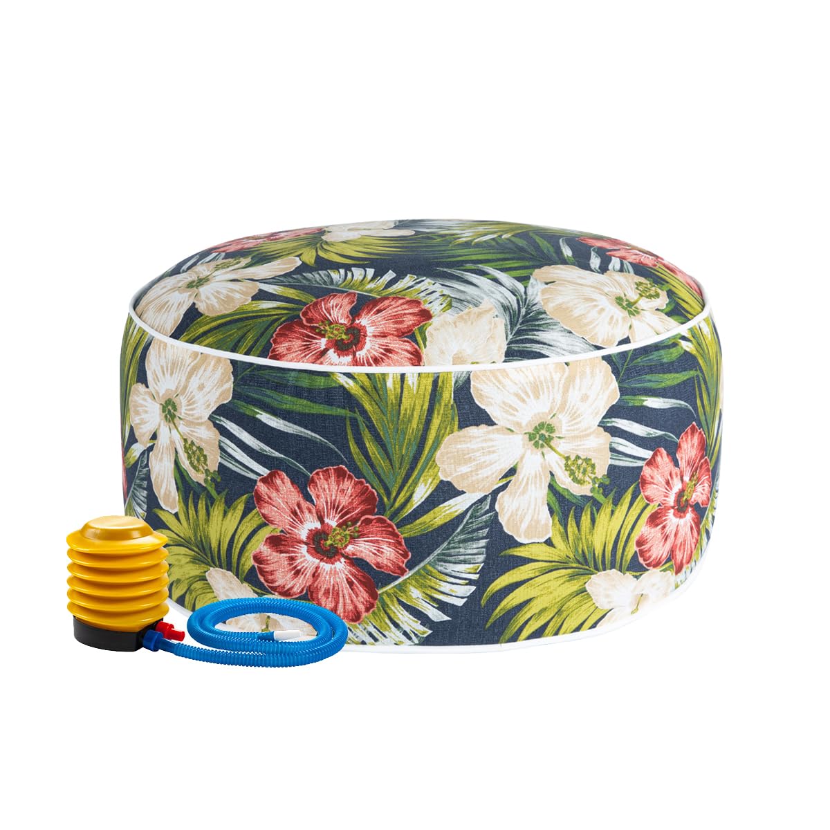 Magpie Fabrics Indoor/Outdoor Inflatable Stool Ottoman Pouf, Water Repellent Round Footrest Footstool With Foot Pump D20 Xh9, Portable For Patio Garden Camping, Midnight Floral