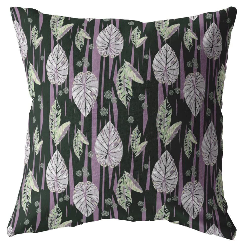 HomeRoots Purple and Dark Green 18â€ Black Purple Fall Leaves Suede Throw Pillow