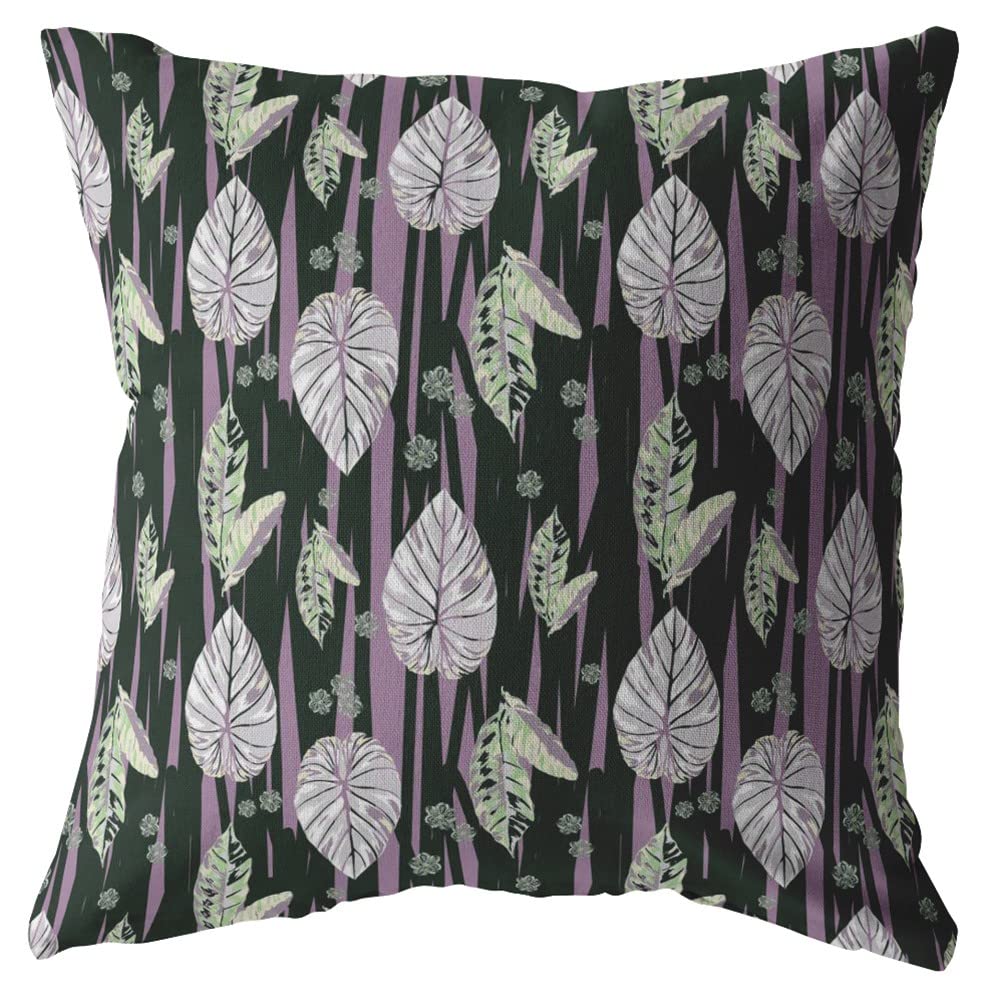 HomeRoots Purple and Dark Green 16â€ Black Purple Fall Leaves Suede Throw Pillow