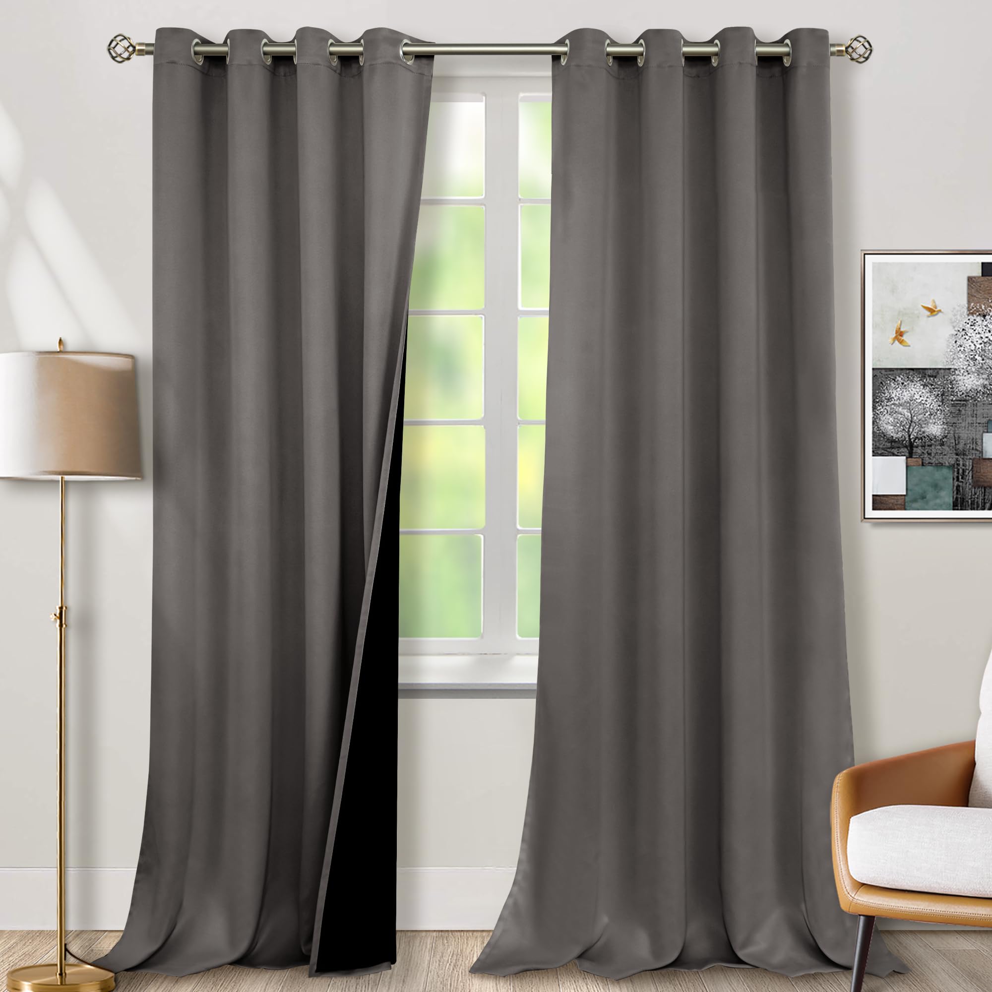 Bgment Grey Blackout Curtains 95 Inches Long 2 Panels Set For Living Room, Thermal Insulated 100% Light Blocking Curtains & Drap