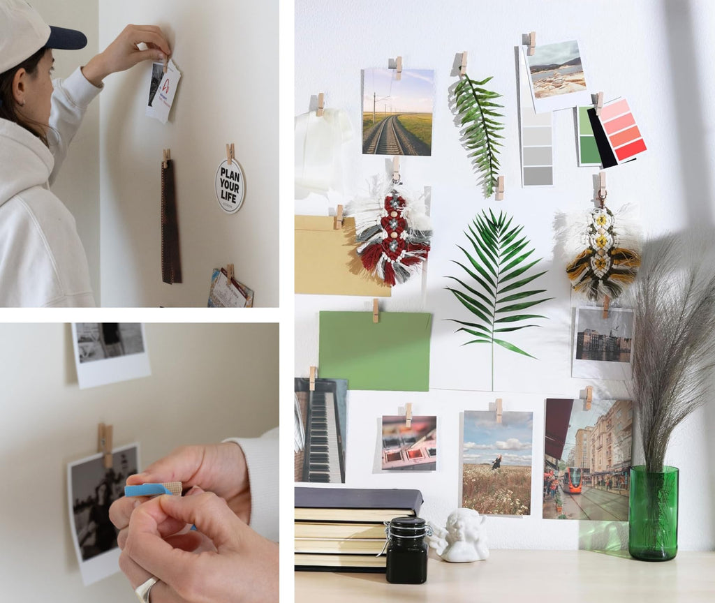 20 Pack Mini Self Adhesive Clips For Pictures - Beige Wood Clip Photo Holders For Wall, Poster Hanger, Photo Cards Hanging Displ