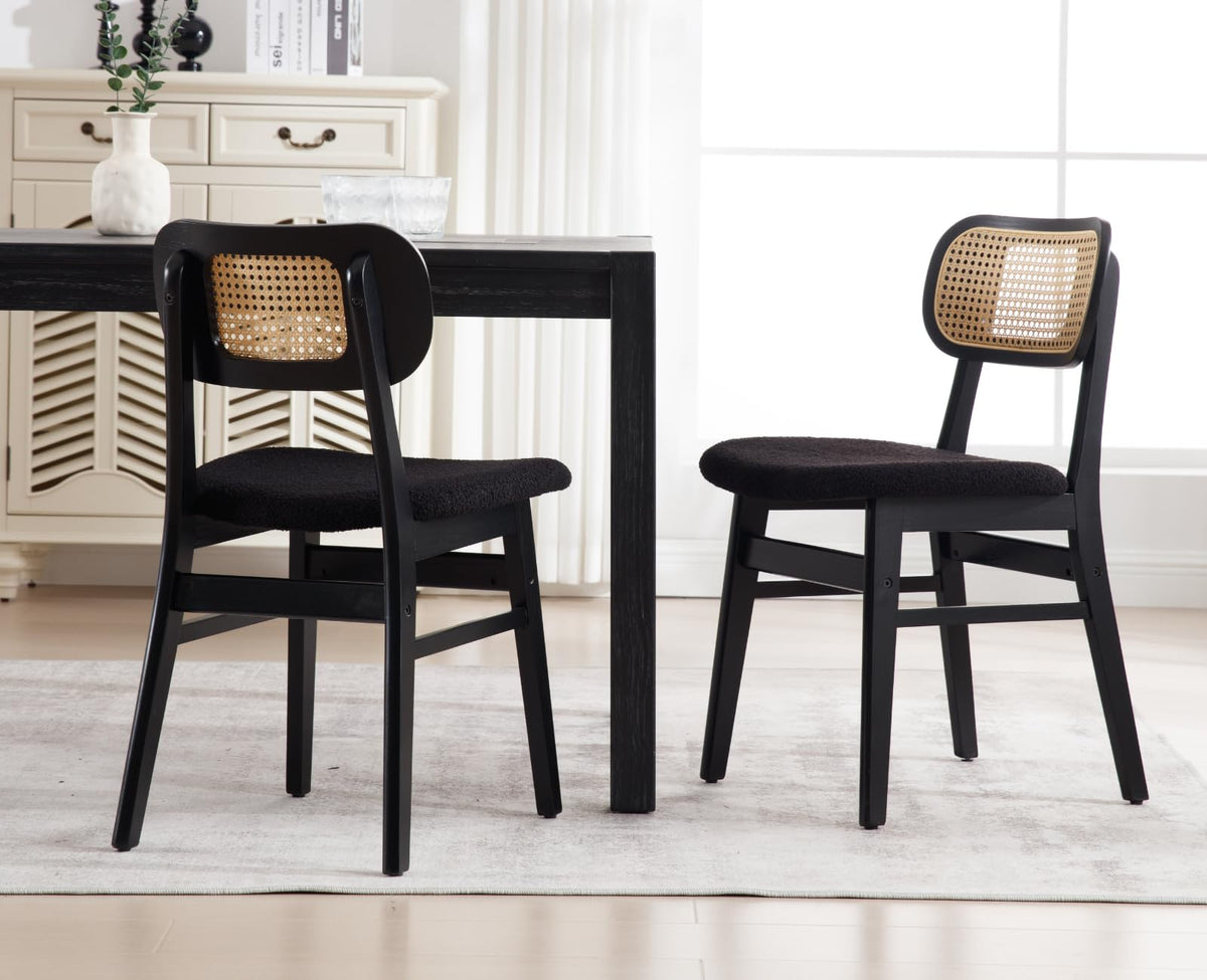 Shunzhi Rattan Dining Chairs Set Of 2 Farmhouse Black Wood Dining Room Chairs With Cane Back Mid Century Modern Sherpa Kitchen C