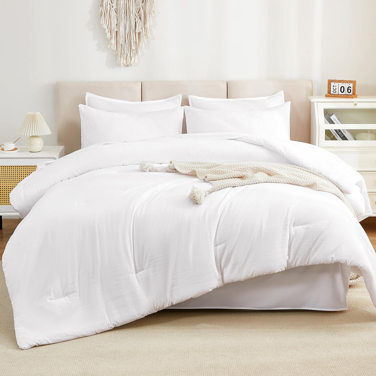 Litanika Comforter Queen Size Set White - 7 Pieces Bed In A Bag Queen Beddding Comforter Sets, Plain Lightweight Bed Set With Co