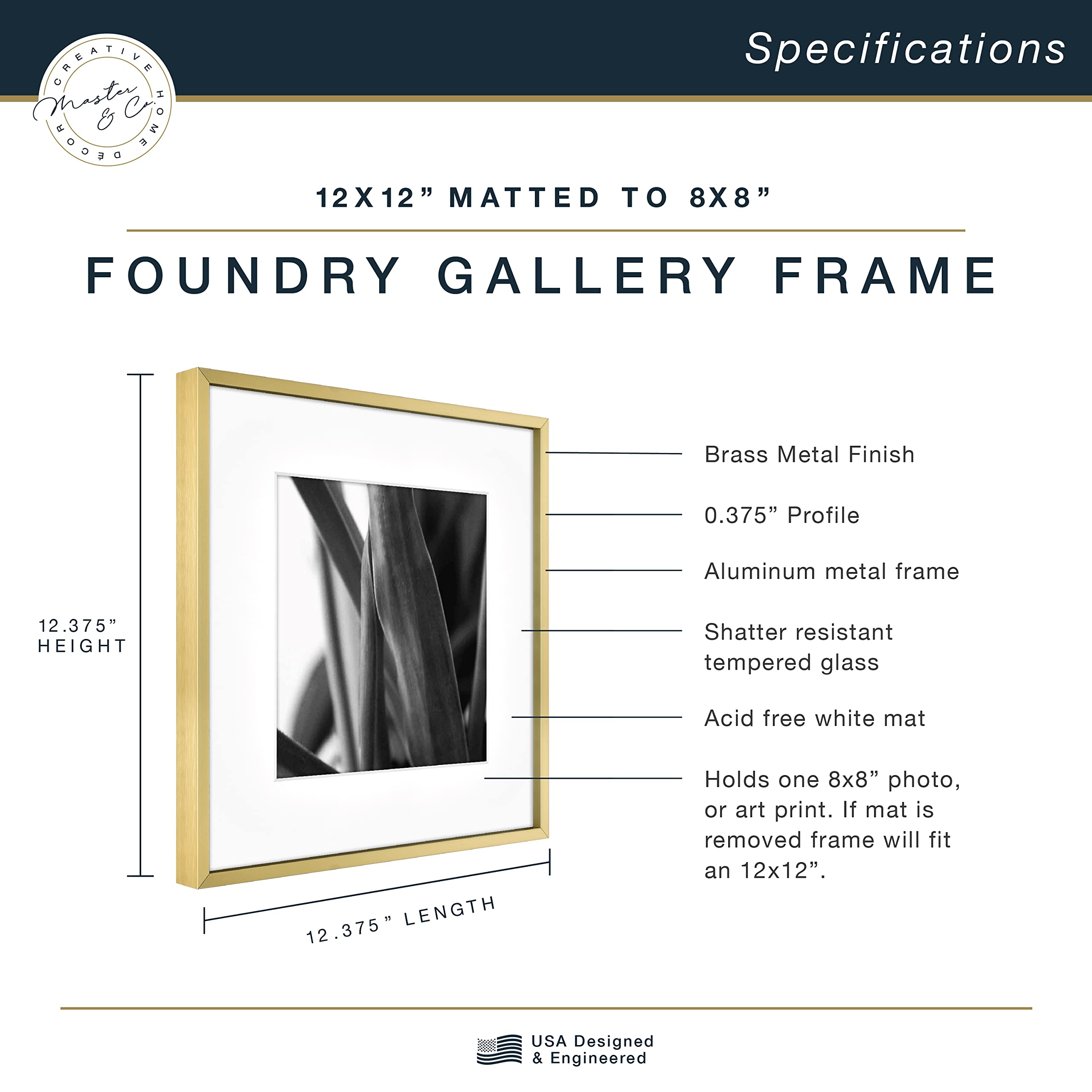 Mcs Master & Co. Foundry Metal Gallery Wall Frame, Brass, 12 X 12 In Matted To 8 X 8 In