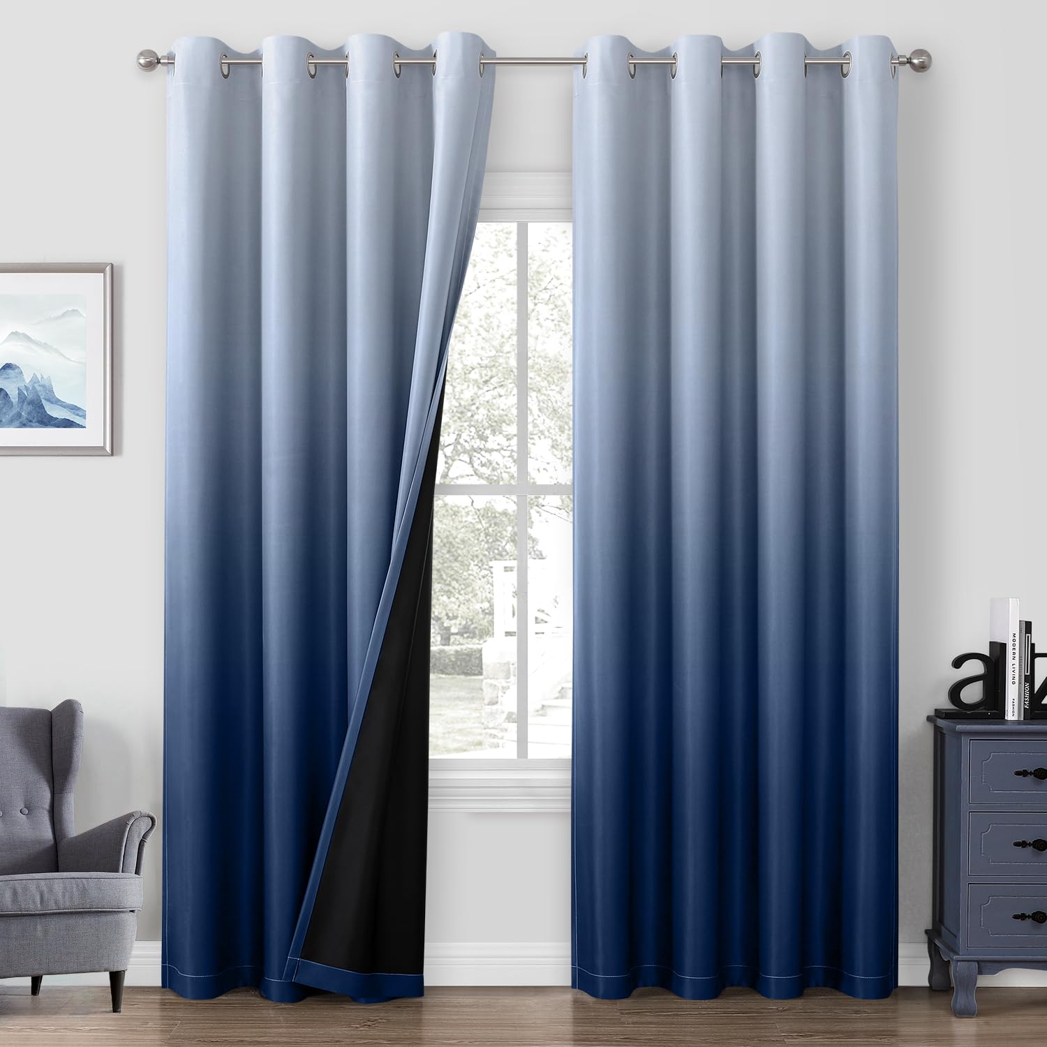 Homeideas 100% Navy Blue Ombre Blackout Curtains For Bedroom, Room Darkening Curtains For Living Room 52 X 84 Inches Long Gromme
