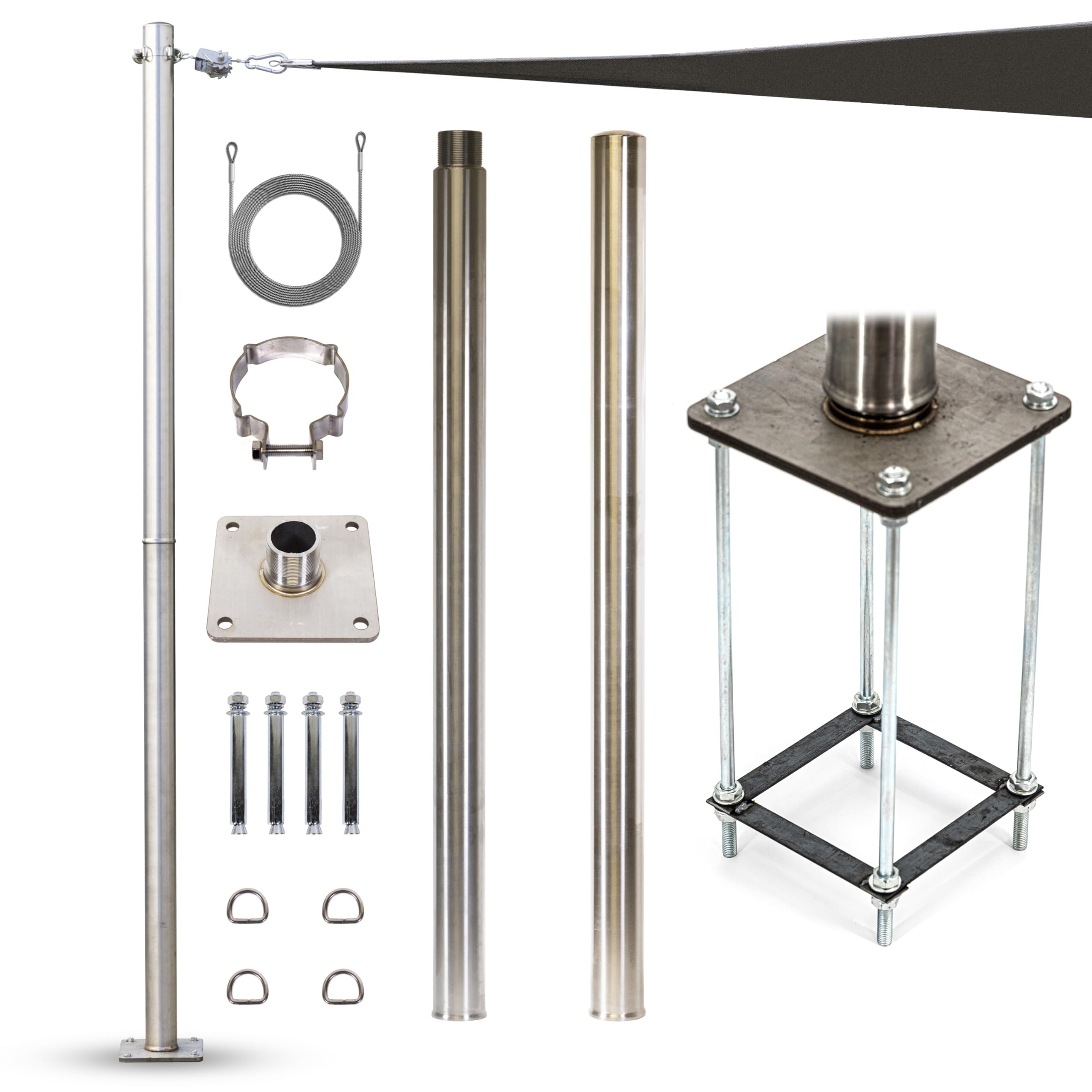 Royal Shade 8Ft Stainless Steel Pole, Heavy Duty With Base Plate & Height Adjustable Mounting Clamp T - Easy Installation Sun Sh