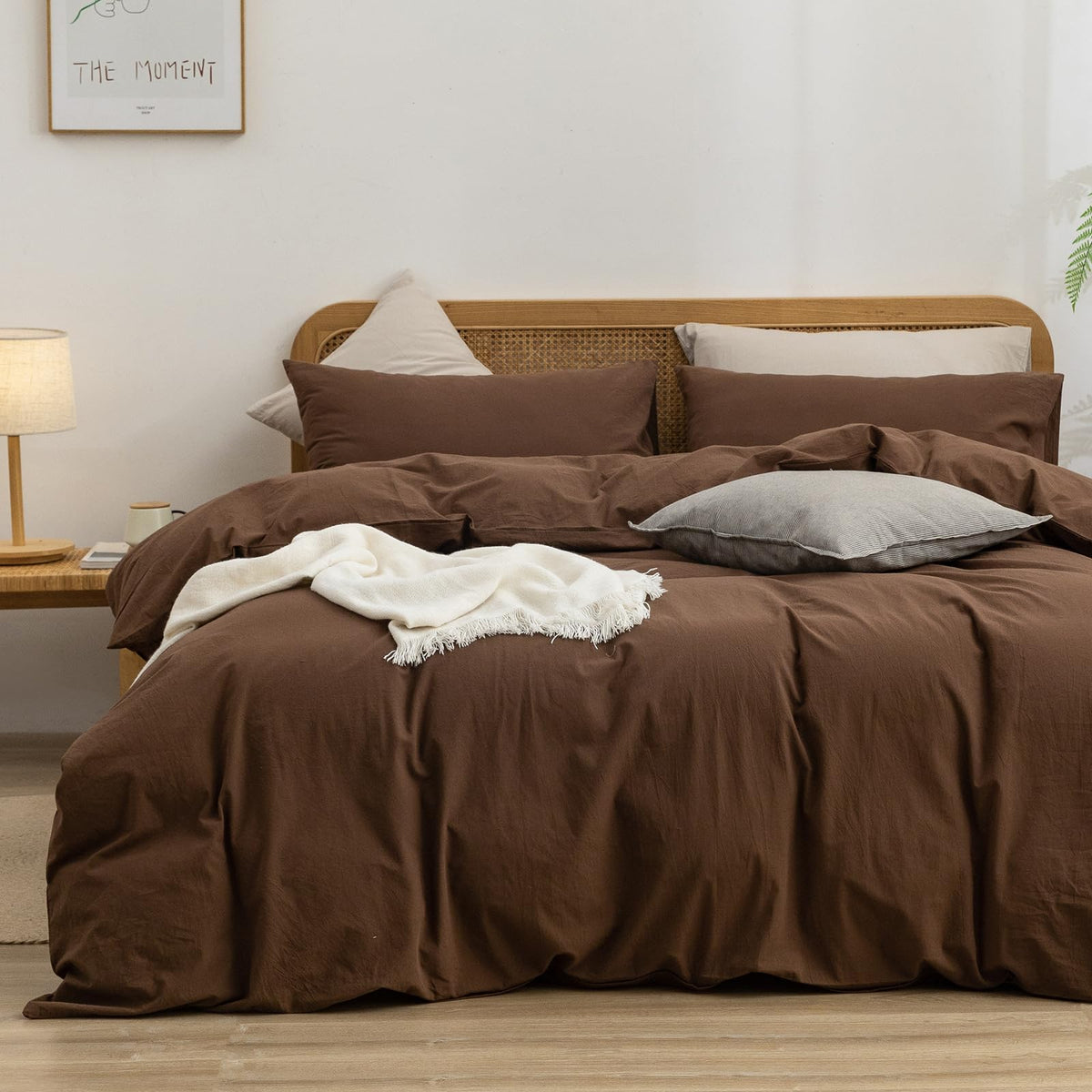 Bestouch Duvet Cover Set 100% Washed Cotton Linen Feel Super Soft Comfortable Chic Lightweight 3 Pcs Home Bedding Set Solid Coco