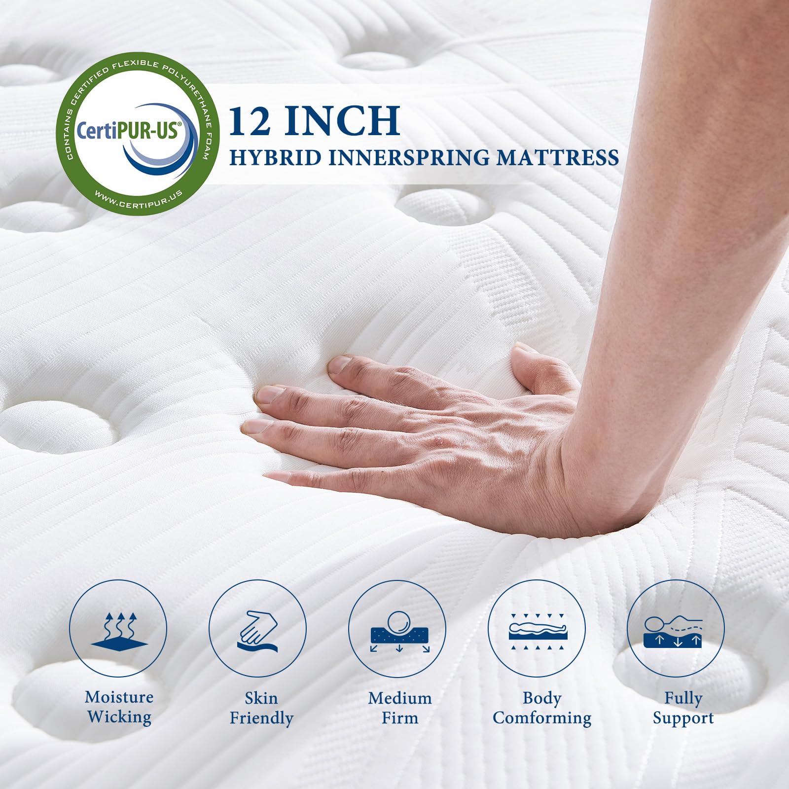 Coolvie Queen Hybrid Mattress 12 Inch Memory Foam Pocket Springs Grey CMP22A4G01