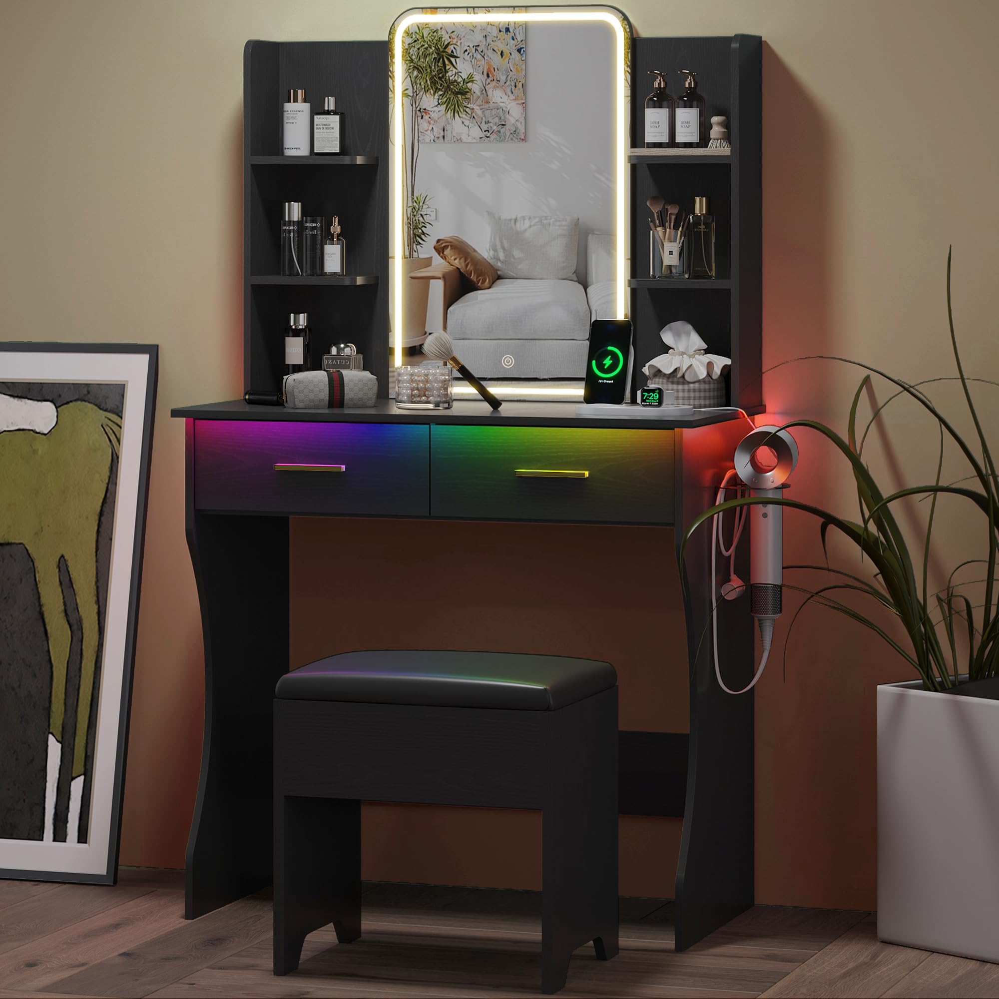 Small Vanity Desk with Mirror and Lights, Makeup Vanity with LED Lights, Black Vanity Mirror with Lighted Desk and Chair, 3 Ligh