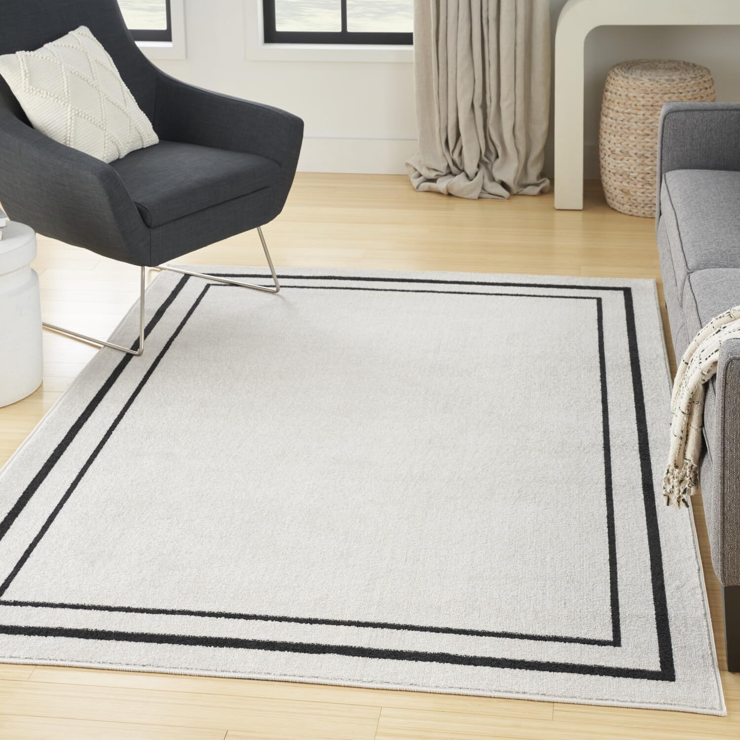 Nourison Essentials Indoor/Outdoor Ivory/Black 4' X 6' Arearug, Easycleaning, Non Shedding, Bed Room, Living Room, Dining Room,