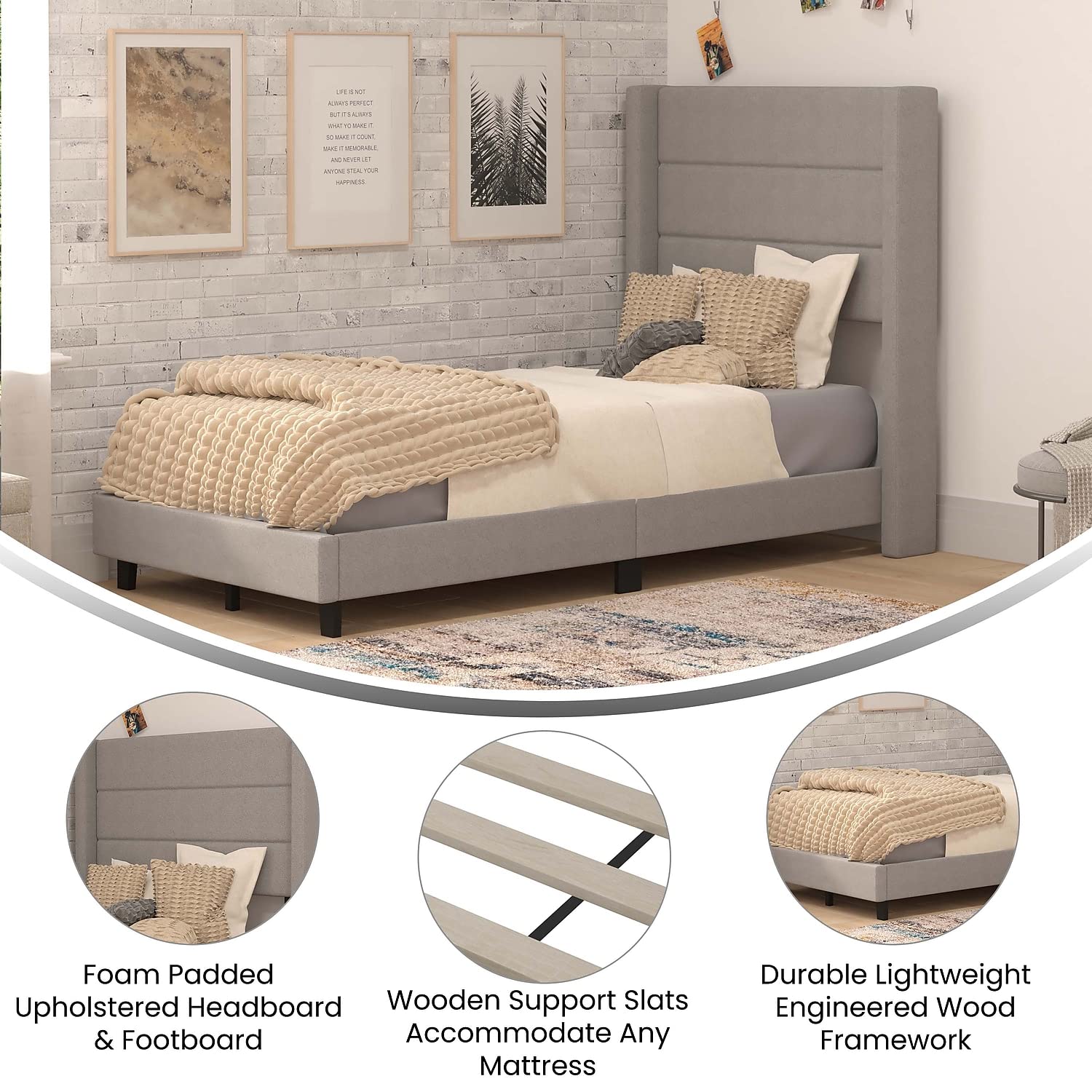 Flash Furniture Hollis Upholstered Platform Bed - Gray Faux Linen Wingback Headboard - Twin - Mattress Foundation with Slatted Supports - No Box Spring Needed